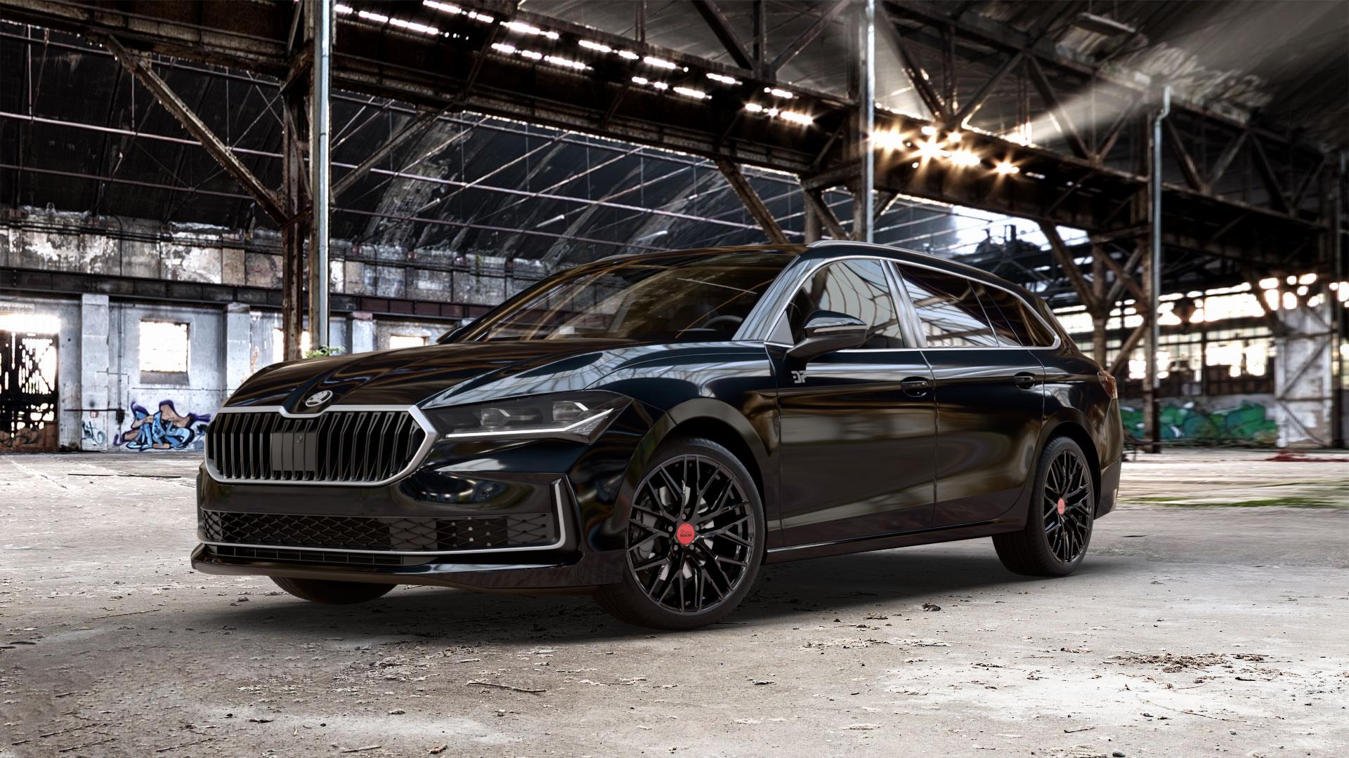 MAM RS4 BLACK PAINTED Felge mit Reifen schwarz in 19Zoll Winterfelge Alufelge auf schwarzem metallic Skoda Superb IV Kombi Typ NZ 1,5l TSI 110kW Mild-Hybrid (150 PS) Hybrid 2,0l TDI 4x4 142kW (193 195kW (265 ⬇️ mit 15mm Tieferlegung ⬇️ Old Industrial Hall_max_5300mm_2024 Frontansicht_1
