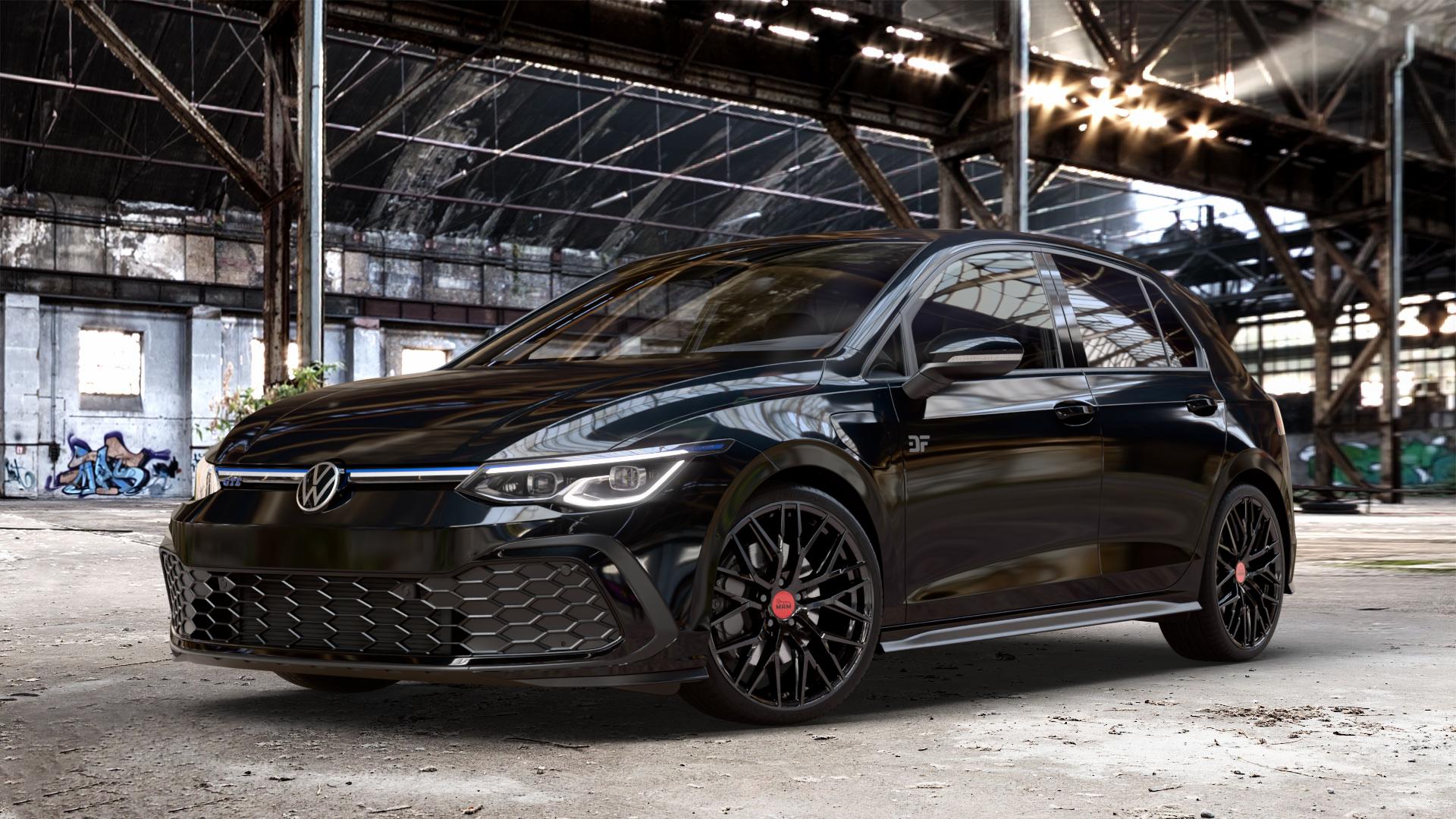 MAM RS4 BLACK PAINTED Felge mit Reifen schwarz in 19Zoll Winterfelge Alufelge auf schwarzem metallic Volkswagen (VW) Golf 8 1,4l GTE 110kW Hybrid (150 PS) ⬇️ mit 15mm Tieferlegung ⬇️ Old Industrial Hall_max_4400mm_2024 Frontansicht_1