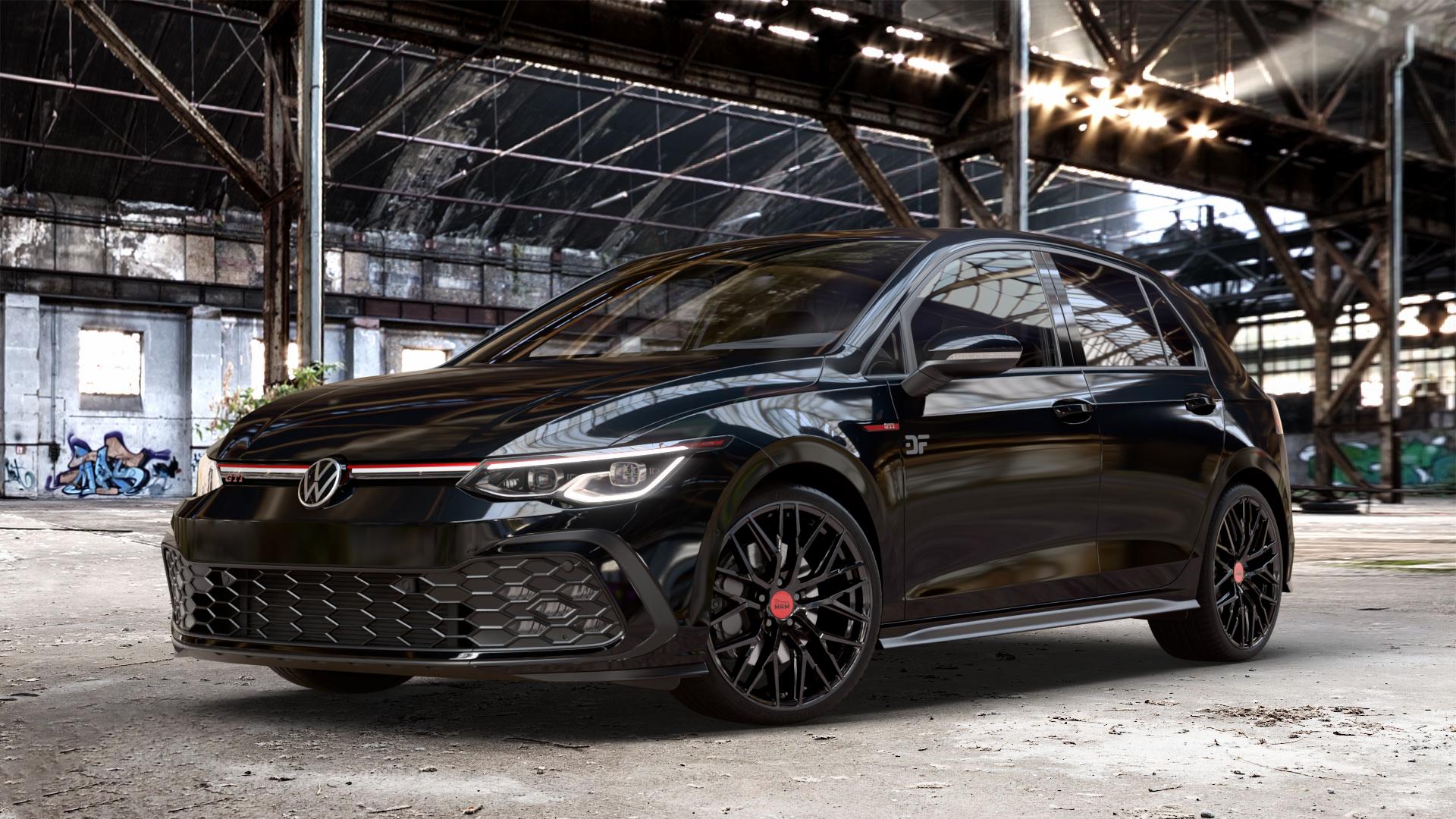 MAM RS4 BLACK PAINTED Felge mit Reifen schwarz in 19Zoll Winterfelge Alufelge auf schwarzem metallic Volkswagen (VW) Golf 8 2,0l GTI 180kW (245 PS) ⬇️ mit 15mm Tieferlegung ⬇️ Old Industrial Hall_max_4400mm_2024 Frontansicht_1