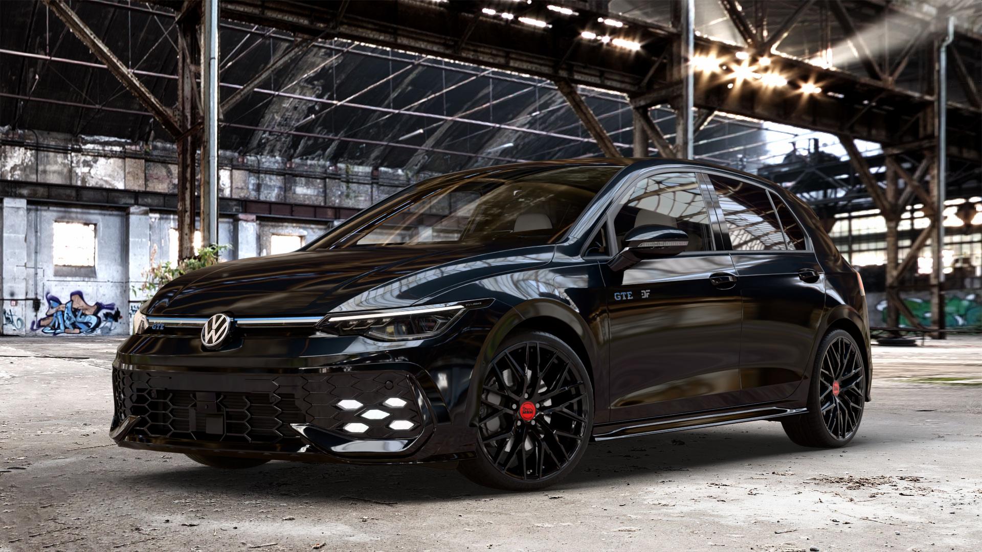 MAM RS4 BLACK PAINTED Felge mit Reifen schwarz in 19Zoll Winterfelge Alufelge auf schwarzem Volkswagen (VW) Golf 8 Facelift 1,5l TSI GTE 130kW Hybrid (177 PS) ⬇️ mit 15mm Tieferlegung ⬇️ Old Industrial Hall_max_4400mm_2024 Frontansicht_1