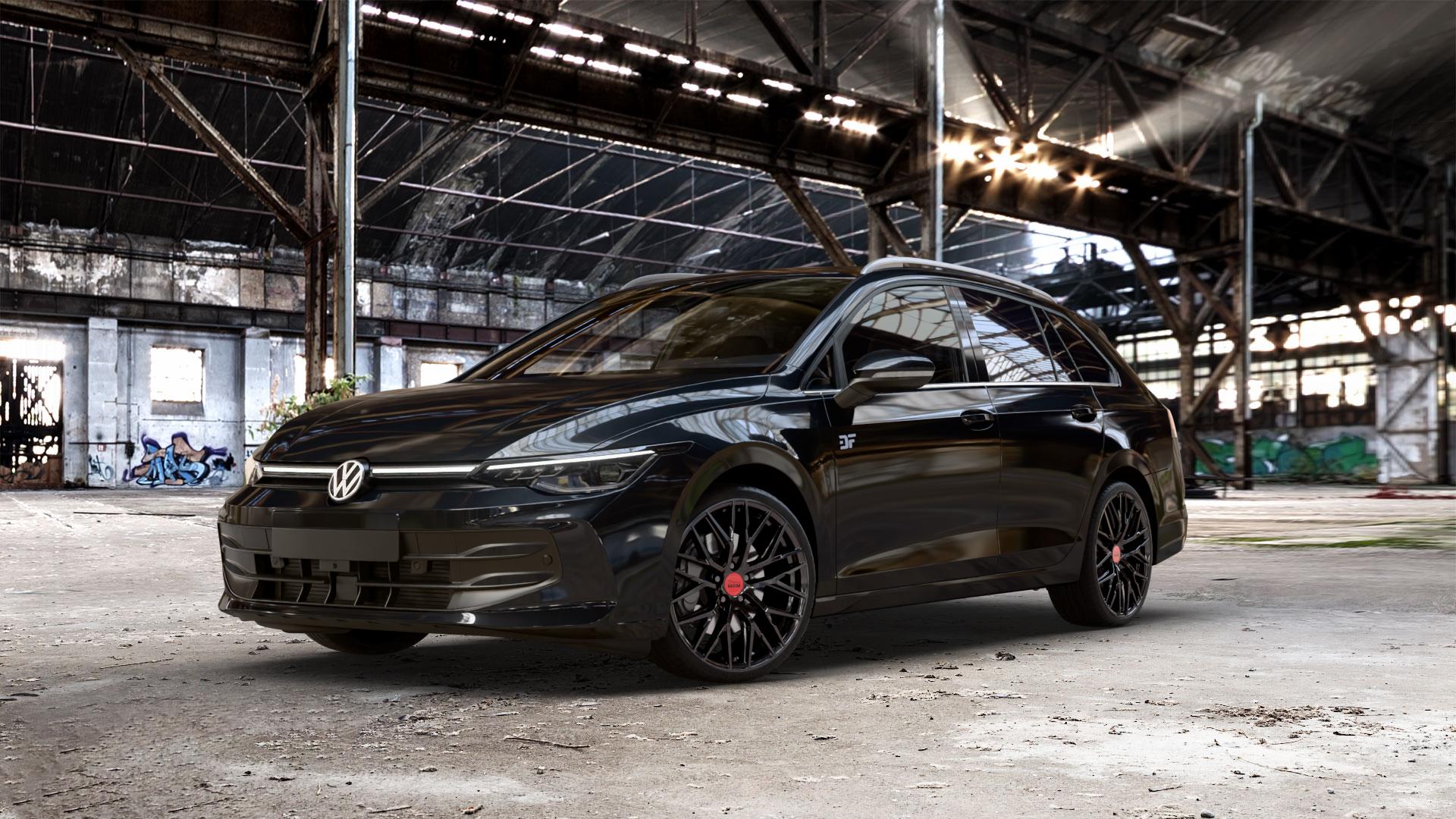 MAM RS4 BLACK PAINTED Felge mit Reifen schwarz in 19Zoll Winterfelge Alufelge auf schwarzem Volkswagen (VW) Golf 8 Variant Facelift ⬇️ mit 15mm Tieferlegung ⬇️ Old Industrial Hall_max_5300mm_2024 Frontansicht_1