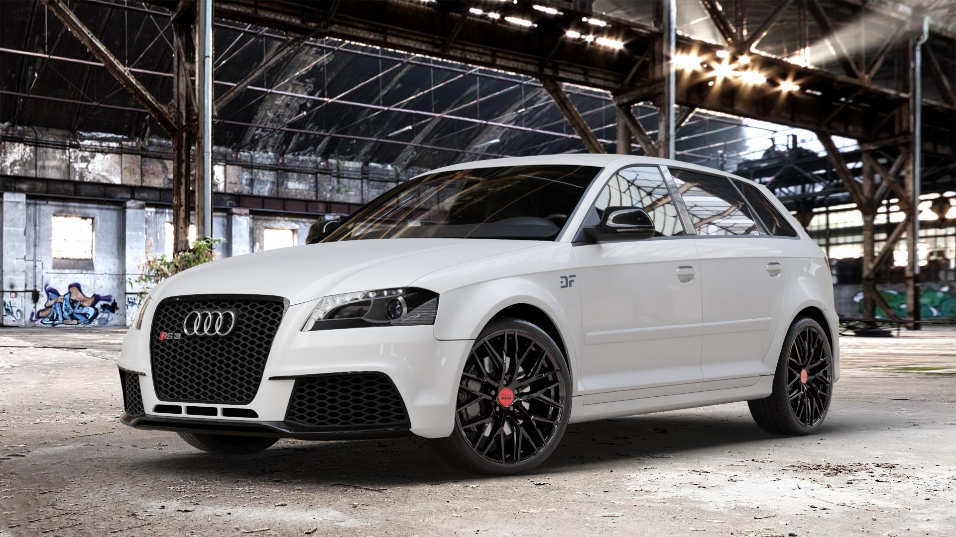 MAM RS4 BLACK PAINTED Felge mit Reifen schwarz in 19Zoll Winterfelge Alufelge auf weissem Audi A3 Typ 8P (Sportback) 2,5l RS3 quattro 250kW (340 PS) ⬇️ mit 15mm Tieferlegung ⬇️ Old Industrial Hall_max_4400mm_2024 Frontansicht_1
