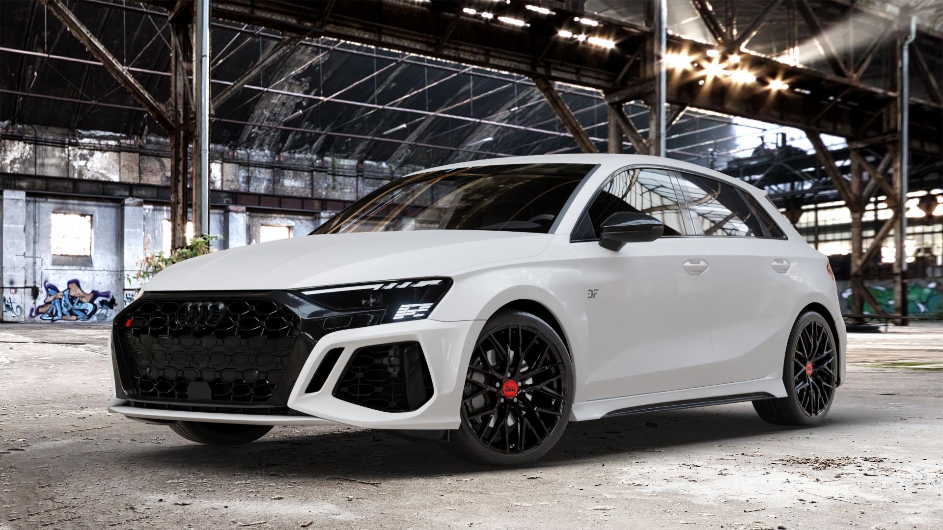 MAM RS4 BLACK PAINTED Felge mit Reifen schwarz in 19Zoll Winterfelge Alufelge auf weissem Audi A3 Typ GY (Sportback) 2,5l TFSI quattro 294kW RS3 (400 PS) 299kW (407 ⬇️ mit 15mm Tieferlegung ⬇️ Old Industrial Hall_max_4400mm_2024 Frontansicht_1