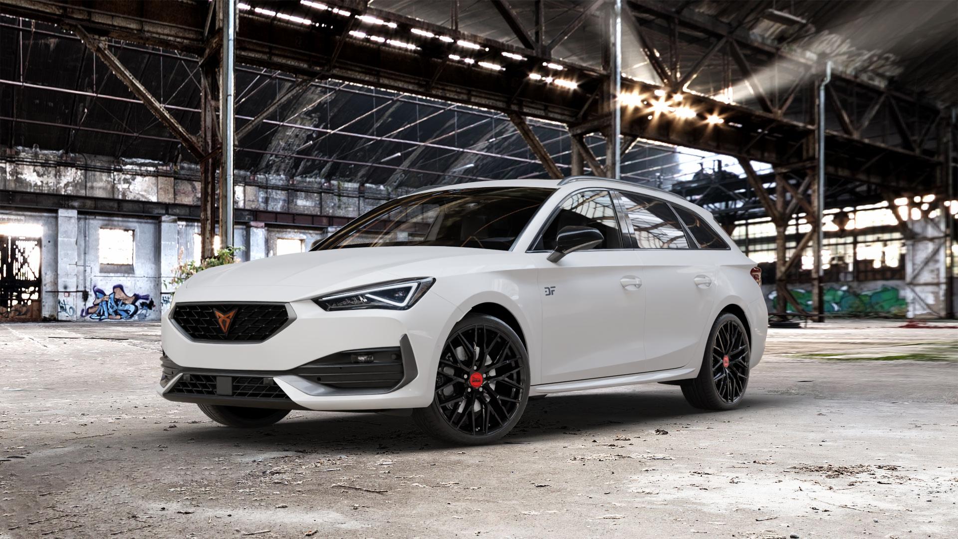 MAM RS4 BLACK PAINTED Felge mit Reifen schwarz in 19Zoll Winterfelge Alufelge auf weissem Cupra Leon Typ KL ST ⬇️ mit 15mm Tieferlegung ⬇️ Old Industrial Hall_max_5300mm_2024 Frontansicht_1