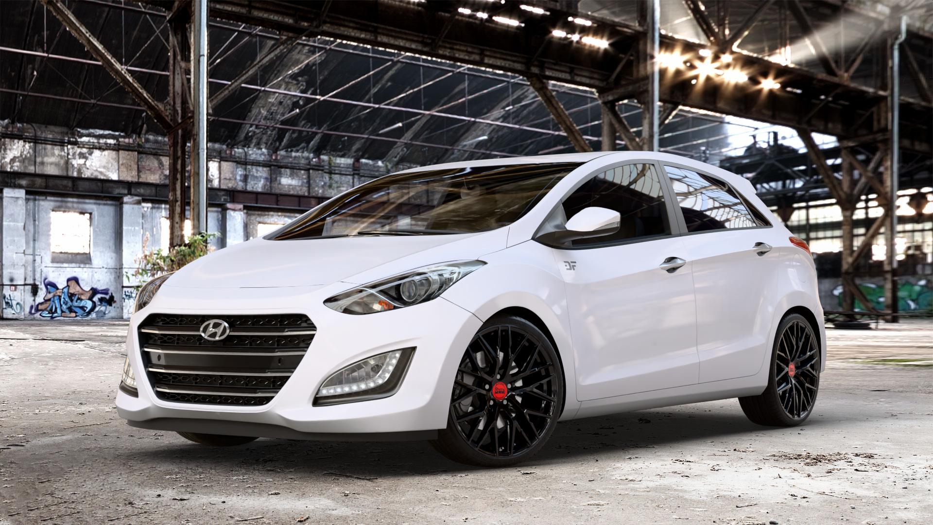MAM RS4 BLACK PAINTED Felge mit Reifen schwarz in 19Zoll Winterfelge Alufelge auf weissem Hyundai i30 Typ GDH Facelift ⬇️ mit 15mm Tieferlegung ⬇️ Old Industrial Hall_max_4400mm_2024 Frontansicht_1