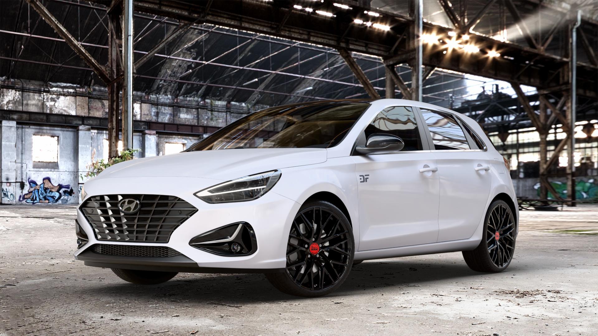 MAM RS4 BLACK PAINTED Felge mit Reifen schwarz in 19Zoll Winterfelge Alufelge auf weissem Hyundai i30 Typ PDE Facelift 1,0l T-GDI 88kW Mild-Hybrid (120 PS) 1,5l 117kW (159 81kW (110 1,6l CRDi 85kW (116 100kW (136 II ⬇️ mit 15mm Tieferlegung ⬇️ Old Industrial Hall_max_4400mm_2024 Frontansicht_1
