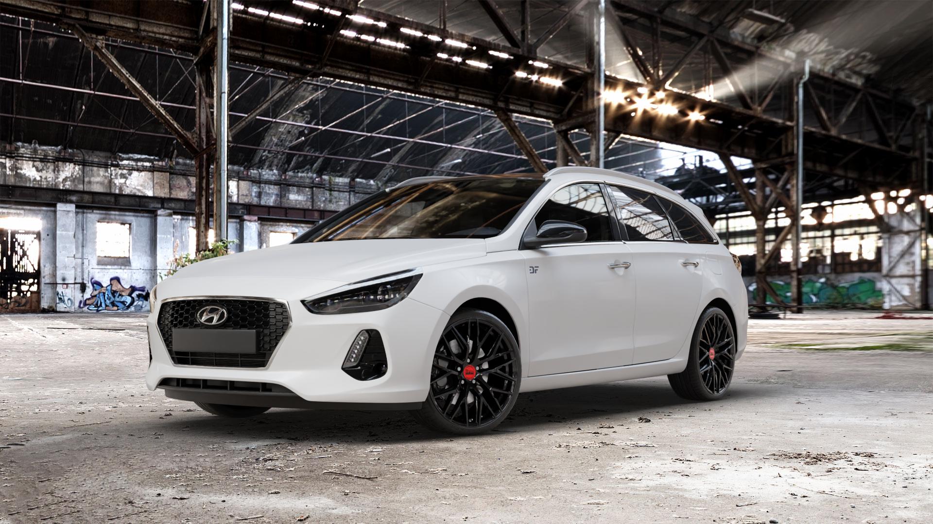 MAM RS4 BLACK PAINTED Felge mit Reifen schwarz in 19Zoll Winterfelge Alufelge auf weissem Hyundai i30 Typ PDE Kombi ⬇️ mit 15mm Tieferlegung ⬇️ Old Industrial Hall_max_5300mm_2024 Frontansicht_1