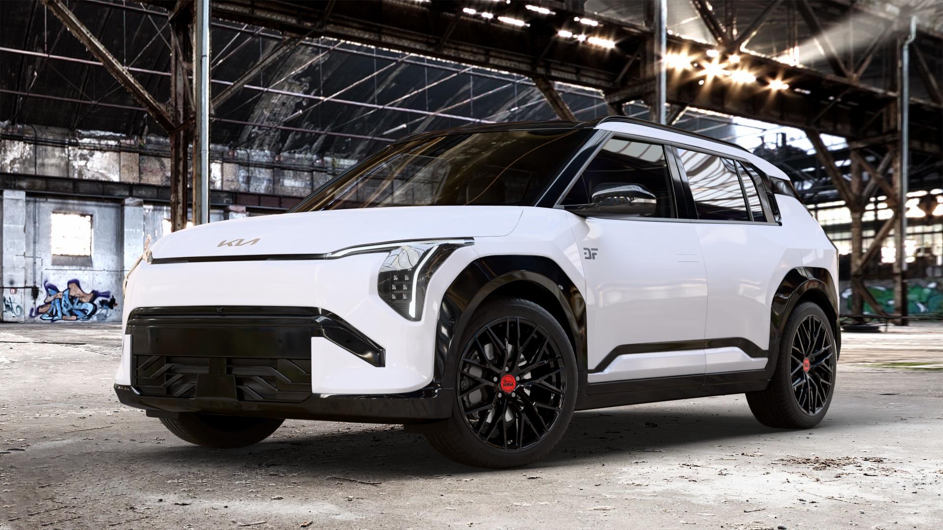 MAM RS4 BLACK PAINTED Felge mit Reifen schwarz in 19Zoll Winterfelge Alufelge auf weissem Kia EV3 Typ SV1 0,0l 50kW (68 PS) ⬇️ mit 15mm Tieferlegung ⬇️ Old Industrial Hall_max_4400mm_2024 Frontansicht_1