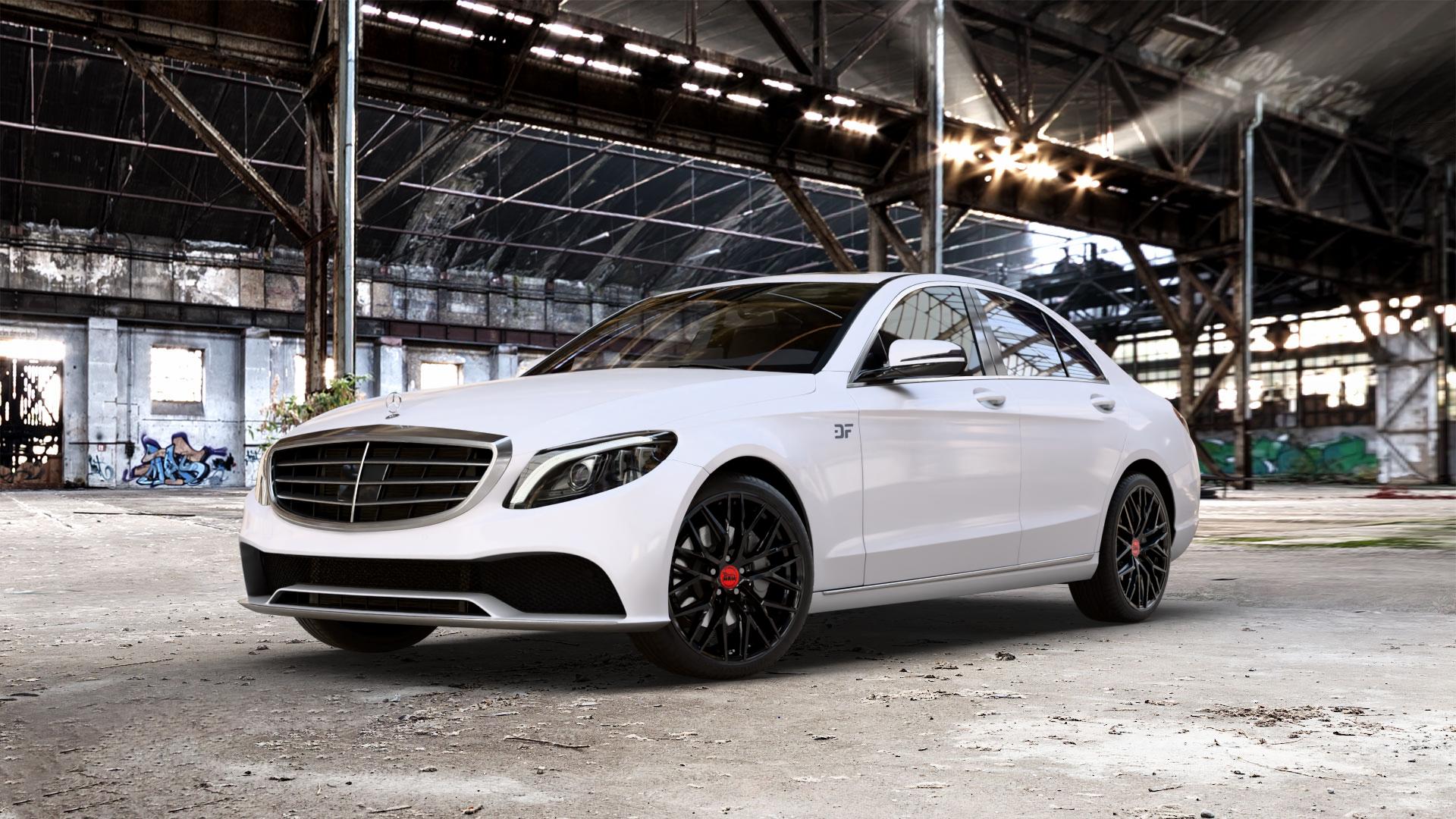 MAM RS4 BLACK PAINTED Felge mit Reifen schwarz in 19Zoll Winterfelge Alufelge auf weissem Mercedes C-Klasse Typ W205 Limousine Facelift ⬇️ mit 15mm Tieferlegung ⬇️ Old Industrial Hall_max_5300mm_2024 Frontansicht_1