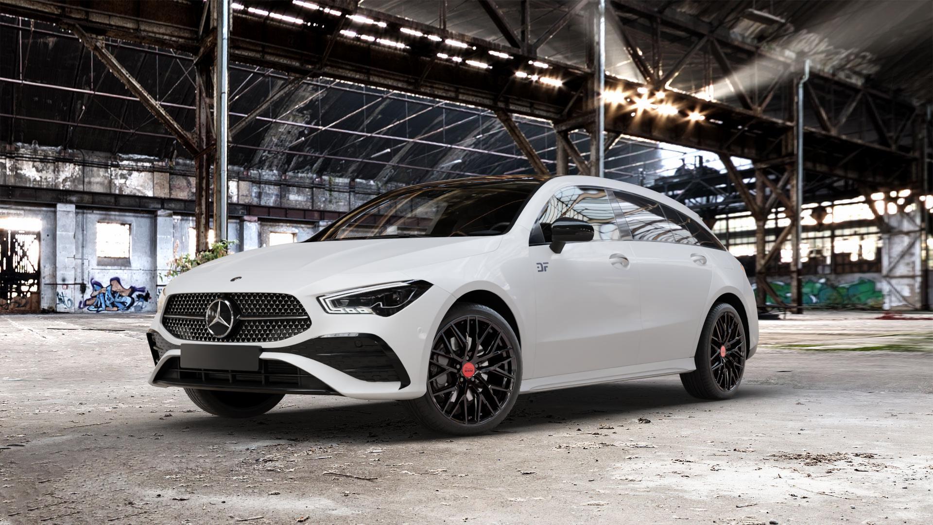 MAM RS4 BLACK PAINTED Felge mit Reifen schwarz in 19Zoll Winterfelge Alufelge auf weissem Mercedes CLA-Klasse II Shooting Brake Typ C118 (F2CLA) Facelift ⬇️ mit 15mm Tieferlegung ⬇️ Old Industrial Hall_max_5300mm_2024 Frontansicht_1