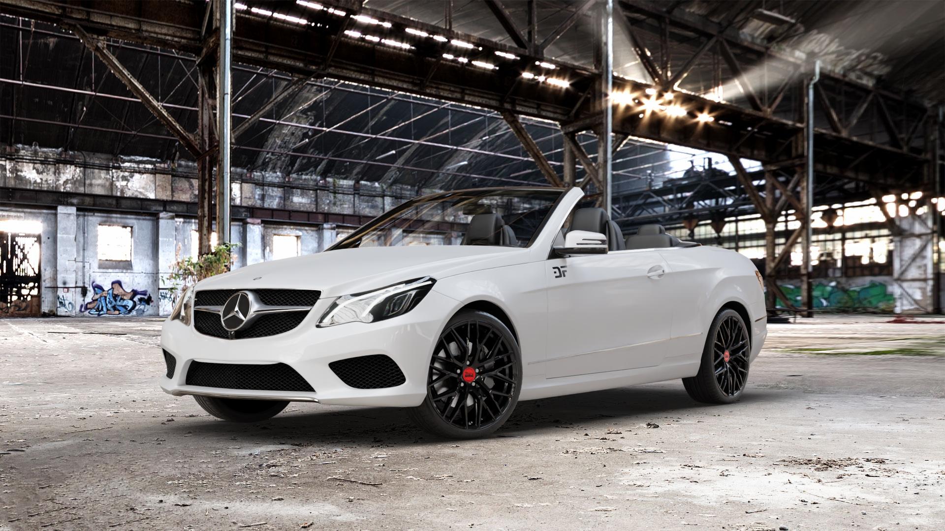 MAM RS4 BLACK PAINTED Felge mit Reifen schwarz in 19Zoll Winterfelge Alufelge auf weissem Mercedes E-Klasse Typ A207 Cabriolet Facelift Cabrio ⬇️ mit 15mm Tieferlegung ⬇️ Old Industrial Hall_max_5300mm_2024 Frontansicht_1