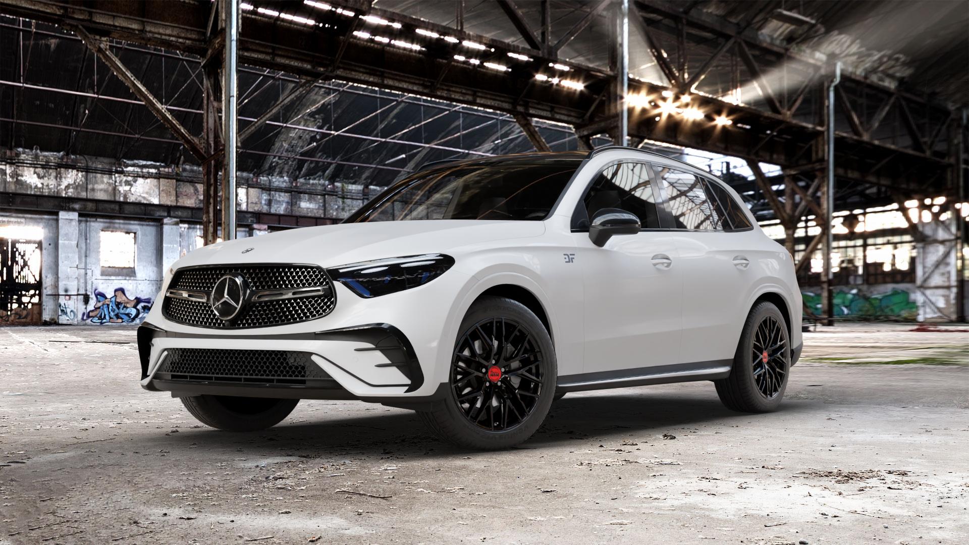 MAM RS4 BLACK PAINTED Felge mit Reifen schwarz in 19Zoll Winterfelge Alufelge auf weissem Mercedes GLC-Klasse Typ X254 ⬇️ mit 15mm Tieferlegung ⬇️ Old Industrial Hall_max_5300mm_2024 Frontansicht_1