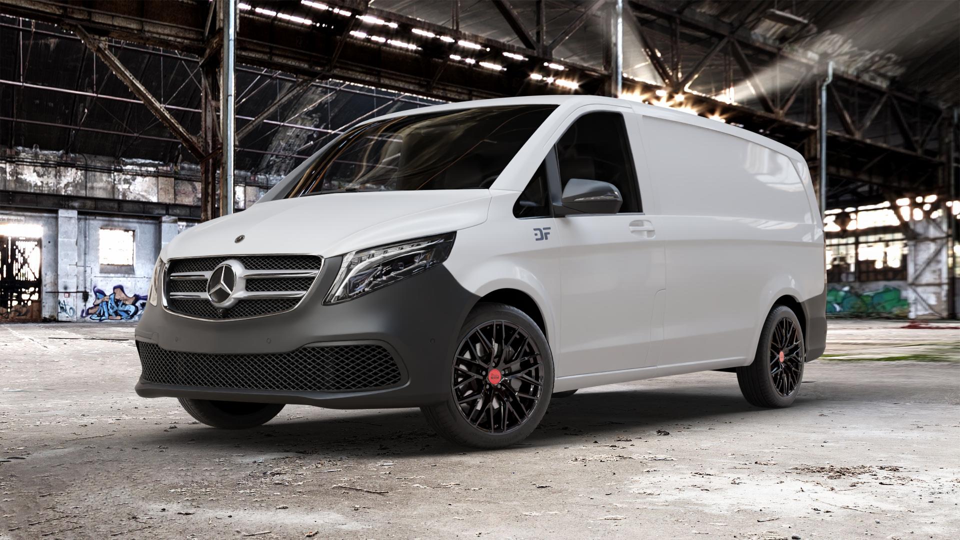 MAM RS4 BLACK PAINTED Felge mit Reifen schwarz in 19Zoll Winterfelge Alufelge auf weissem Mercedes Vito Kasten Typ W447 Facelift ⬇️ mit 15mm Tieferlegung ⬇️ Old Industrial Hall_max_5300mm_2024 Frontansicht_1