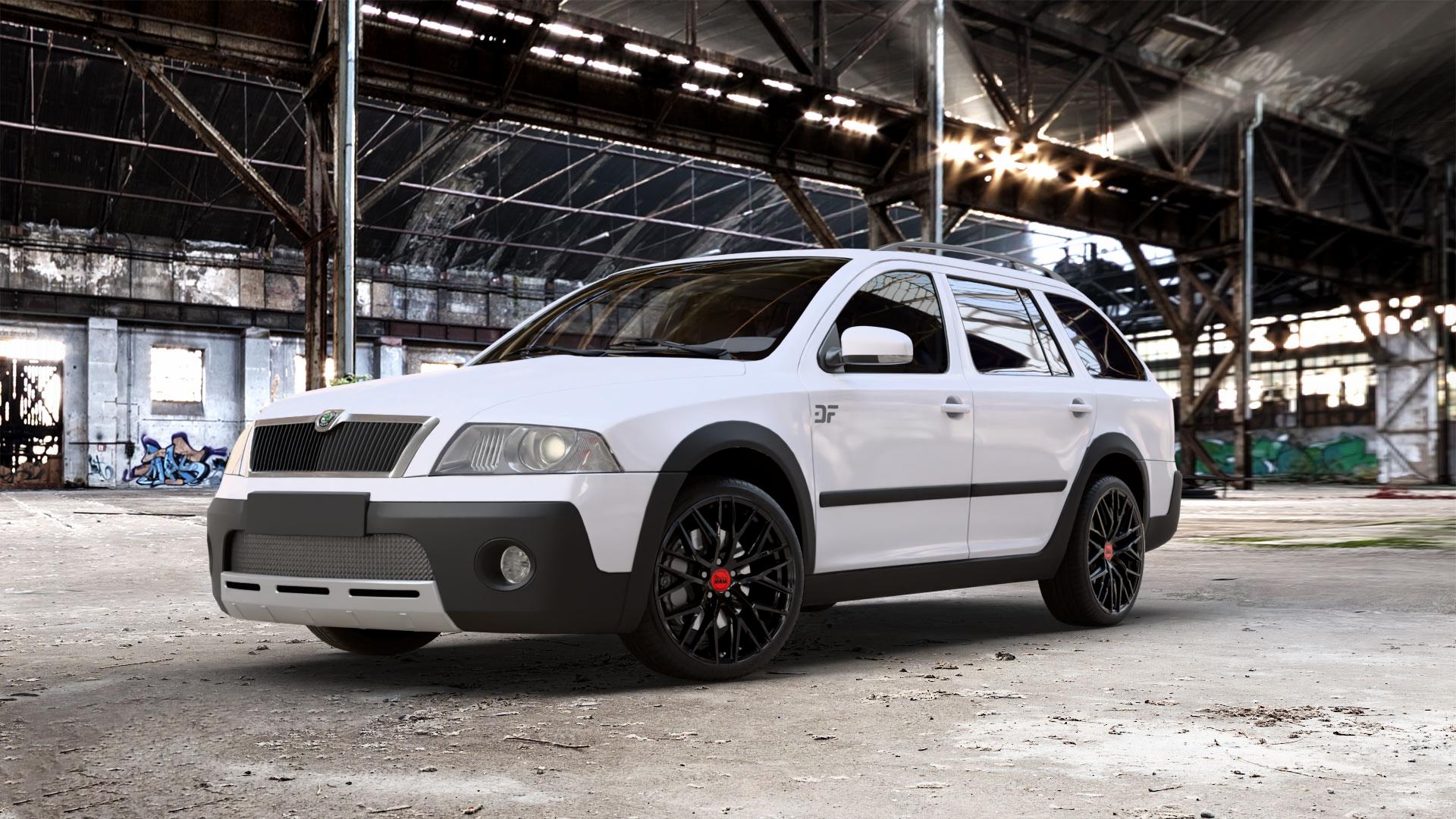 MAM RS4 BLACK PAINTED Felge mit Reifen schwarz in 19Zoll Winterfelge Alufelge auf weissem Skoda Octavia II Scout Typ 1Z ⬇️ mit 15mm Tieferlegung ⬇️ Old Industrial Hall_max_5300mm_2024 Frontansicht_1