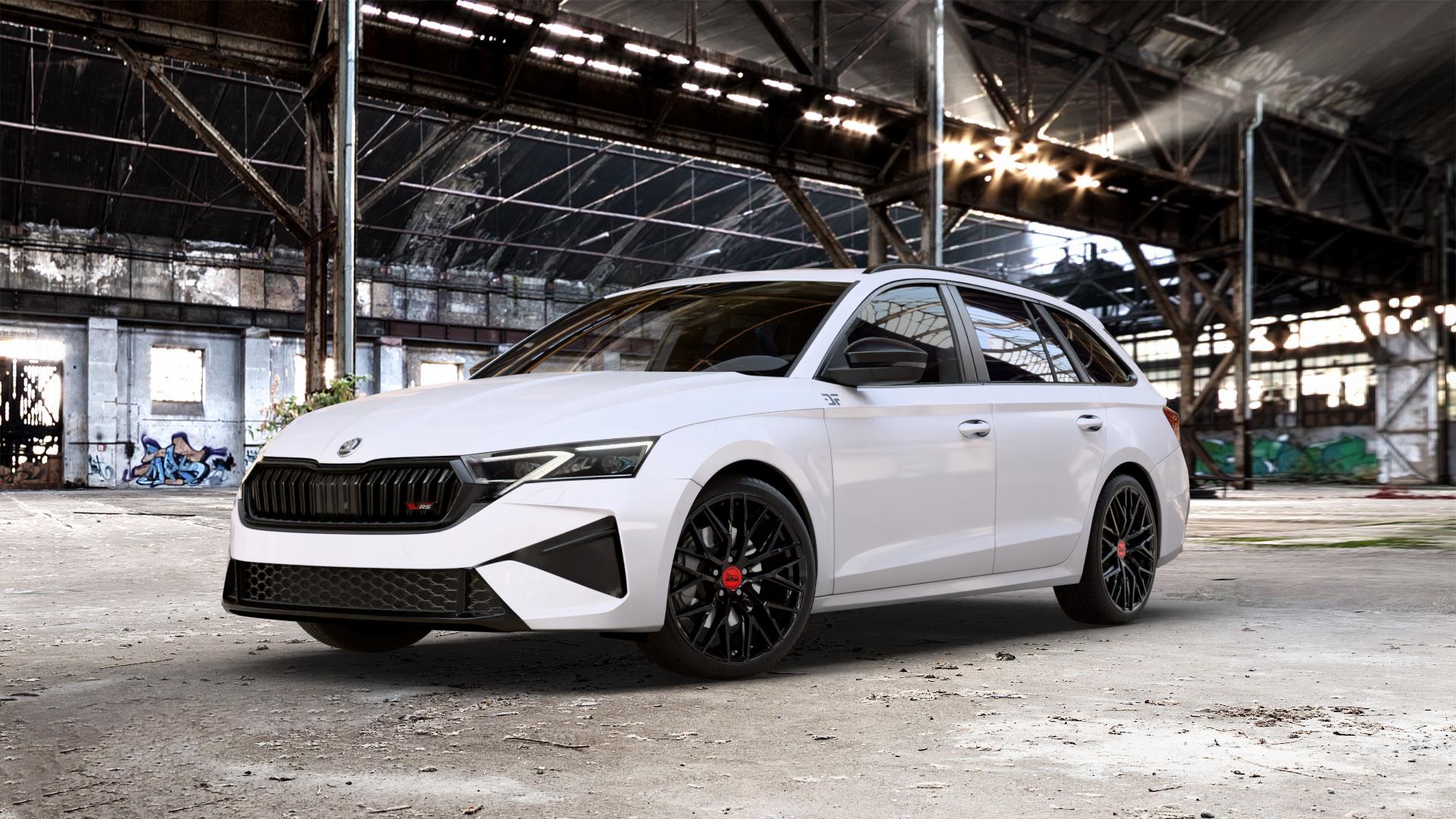 MAM RS4 BLACK PAINTED Felge mit Reifen schwarz in 19Zoll Winterfelge Alufelge auf weissem Skoda Octavia IV Kombi Typ NX Facelift 2,0l TSI 195kW RS (265 PS) ⬇️ mit 15mm Tieferlegung ⬇️ Old Industrial Hall_max_5300mm_2024 Frontansicht_1