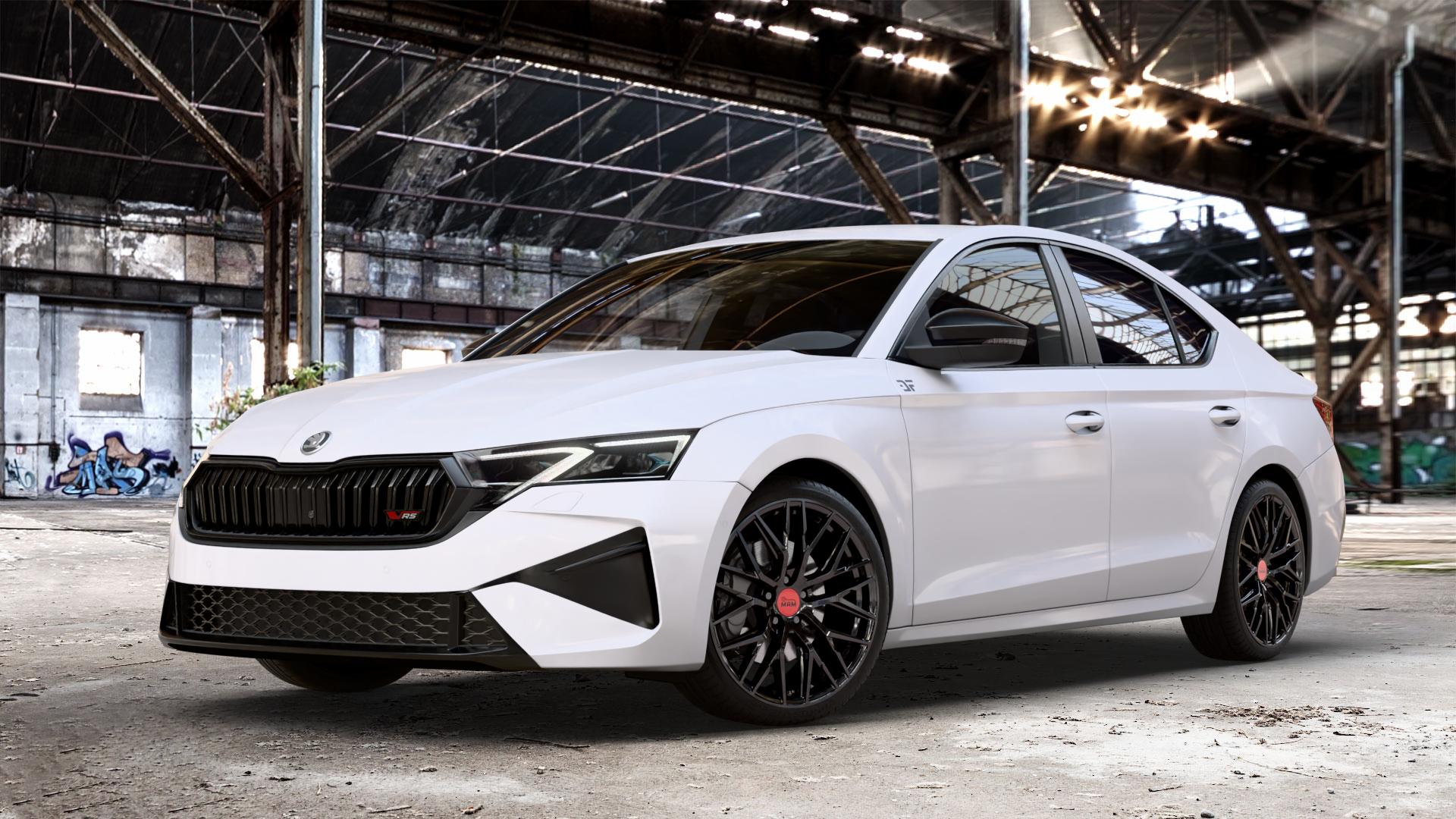 MAM RS4 BLACK PAINTED Felge mit Reifen schwarz in 19Zoll Winterfelge Alufelge auf weissem Skoda Octavia IV Limousine Typ NX Facelift 2,0l TSI 195kW RS (265 PS) ⬇️ mit 15mm Tieferlegung ⬇️ Old Industrial Hall_max_4400mm_2024 Frontansicht_1