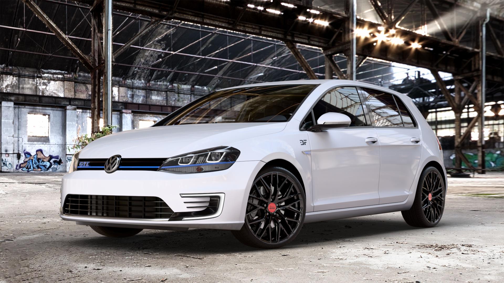 MAM RS4 BLACK PAINTED Felge mit Reifen schwarz in 19Zoll Winterfelge Alufelge auf weissem Volkswagen (VW) Golf 7 1,4l GTE Hybrid 110kW (150 PS) Facelift 0,0l e-Golf 100kW (136 ⬇️ mit 15mm Tieferlegung ⬇️ Old Industrial Hall_max_4400mm_2024 Frontansicht_1