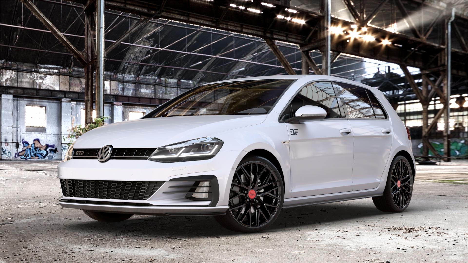 MAM RS4 BLACK PAINTED Felge mit Reifen schwarz in 19Zoll Winterfelge Alufelge auf weissem Volkswagen (VW) Golf 7 2,0l GTD 135kW (184 PS) Facelift ⬇️ mit 15mm Tieferlegung ⬇️ Old Industrial Hall_max_4400mm_2024 Frontansicht_1