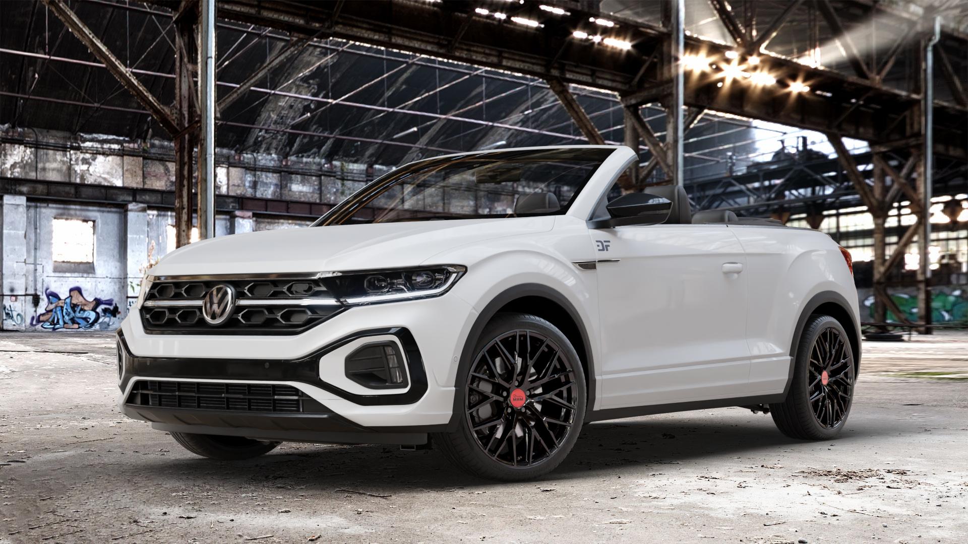 MAM RS4 BLACK PAINTED Felge mit Reifen schwarz in 19Zoll Winterfelge Alufelge auf weissem Volkswagen (VW) T-Roc Cabrio Facelift ⬇️ mit 15mm Tieferlegung ⬇️ Old Industrial Hall_max_4400mm_2024 Frontansicht_1