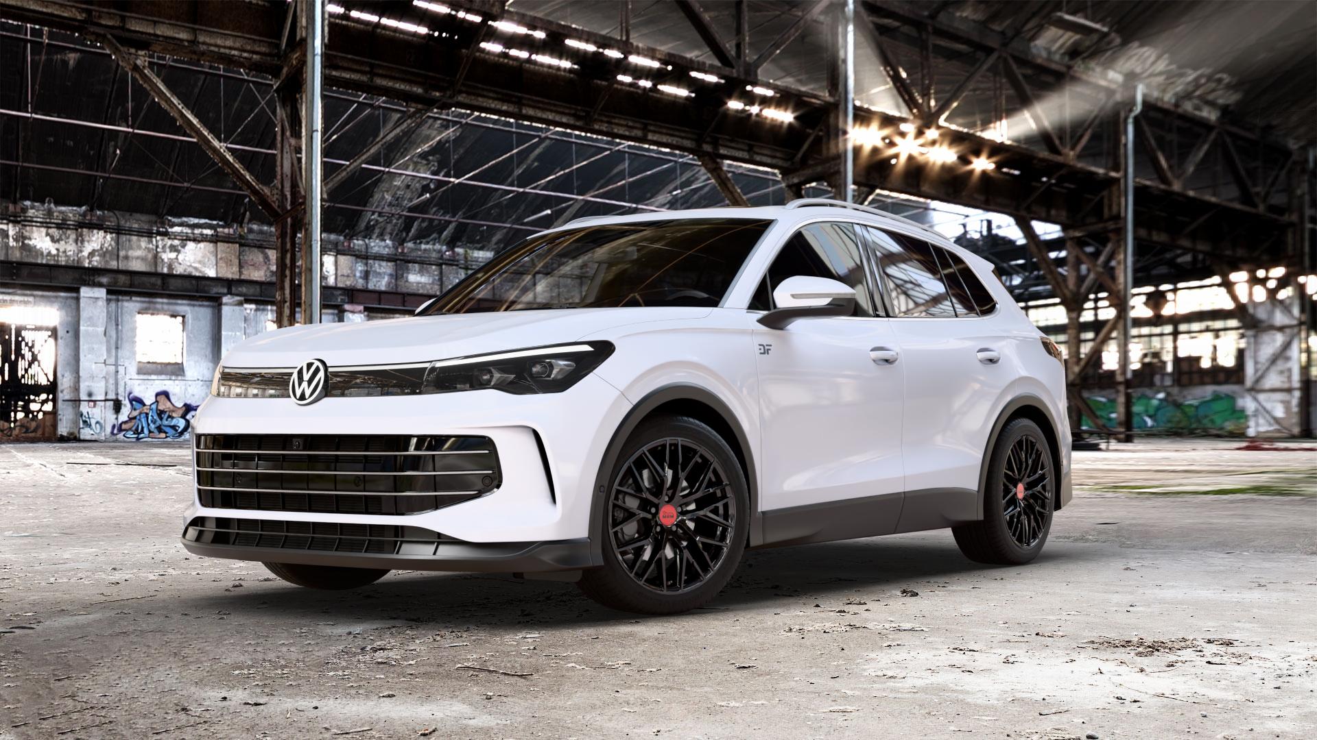 MAM RS4 BLACK PAINTED Felge mit Reifen schwarz in 19Zoll Winterfelge Alufelge auf weissem Volkswagen (VW) Tiguan III Typ CT ⬇️ mit 15mm Tieferlegung ⬇️ Old Industrial Hall_max_5300mm_2024 Frontansicht_1