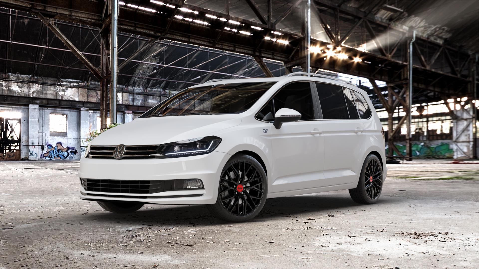 MAM RS4 BLACK PAINTED Felge mit Reifen schwarz in 19Zoll Winterfelge Alufelge auf weissem Volkswagen (VW) Touran III Typ 1T (15->) ⬇️ mit 15mm Tieferlegung ⬇️ Old Industrial Hall_max_5300mm_2024 Frontansicht_1