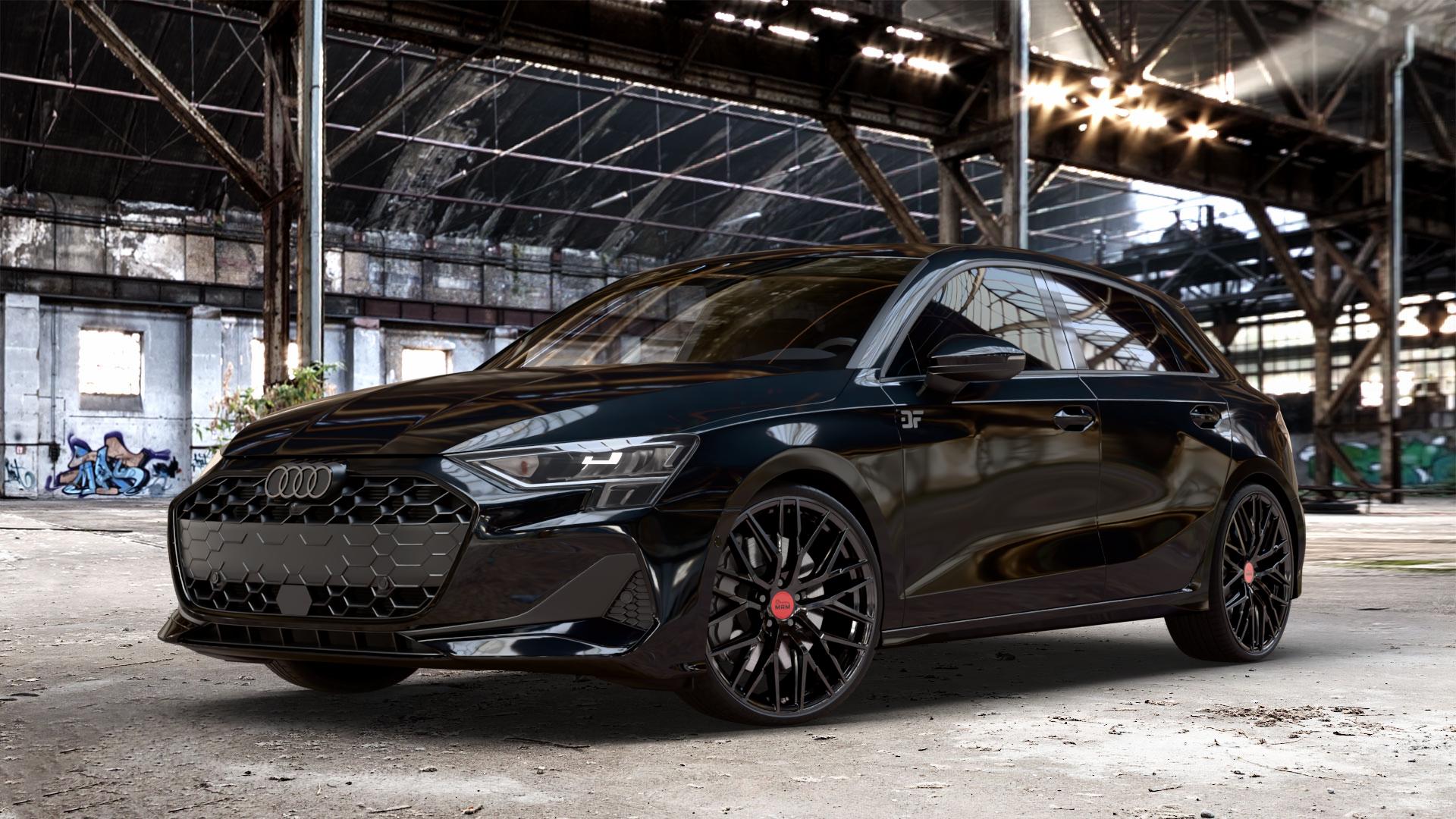 MAM RS4 BLACK PAINTED Felge mit Reifen schwarz in 20Zoll Winterfelge Alufelge auf metallic schwarzem Audi A3 Typ GY (Sportback) Facelift 2,0l 30 TDI 85kW (116 PS) 1,5l TFSI Mild-Hybrid 35 110kW (150 PHEV 200 130kW Hybrid (177 150 ⬇️ mit 15mm Tieferlegung ⬇️ Old Industrial Hall_max_4400mm_2024 Frontansicht_1