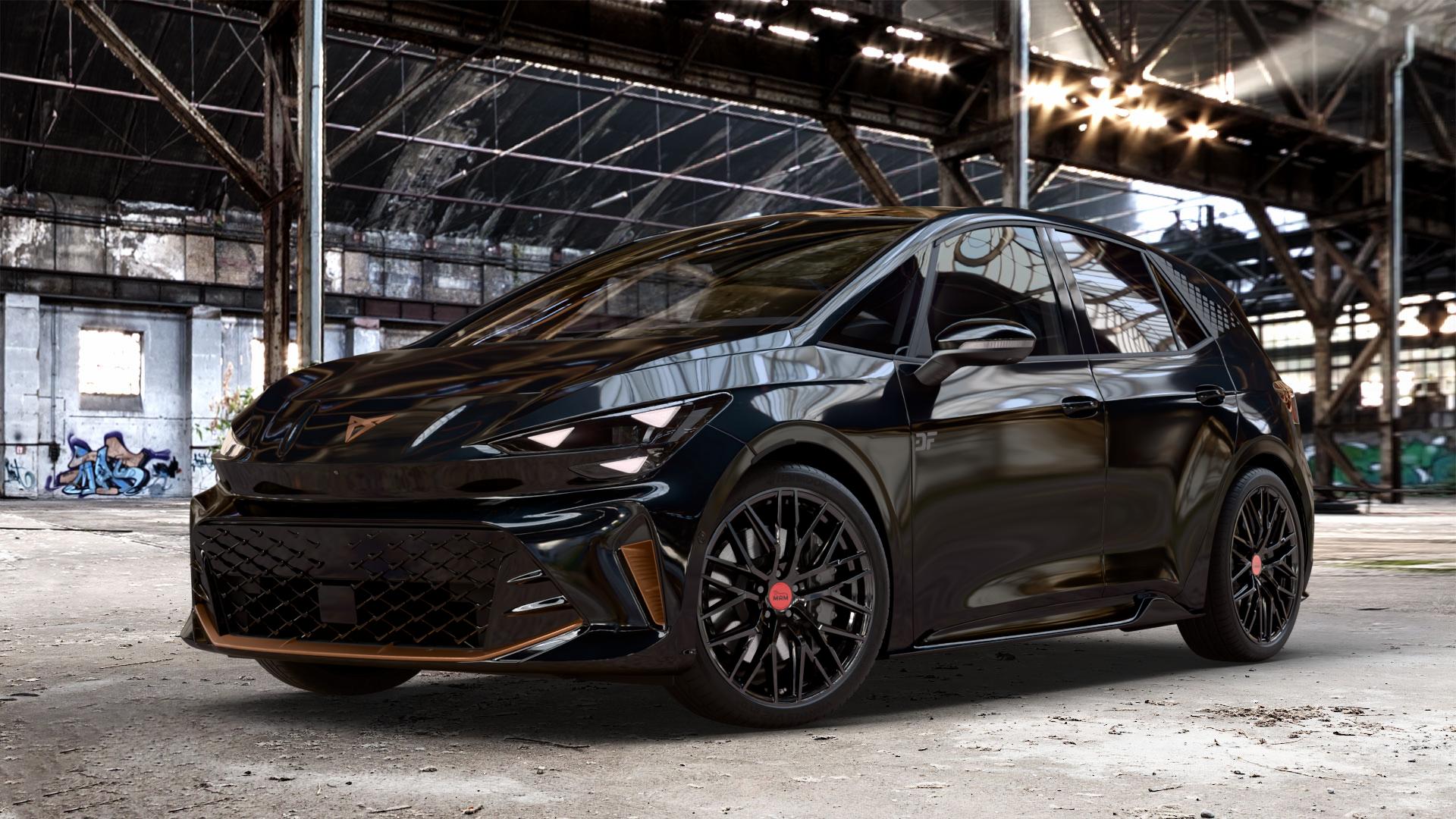 MAM RS4 BLACK PAINTED Felge mit Reifen schwarz in 20Zoll Winterfelge Alufelge auf metallic schwarzem Cupra Born Facelift Typ K1 ⬇️ mit 15mm Tieferlegung ⬇️ Old Industrial Hall_max_4400mm_2024 Frontansicht_1
