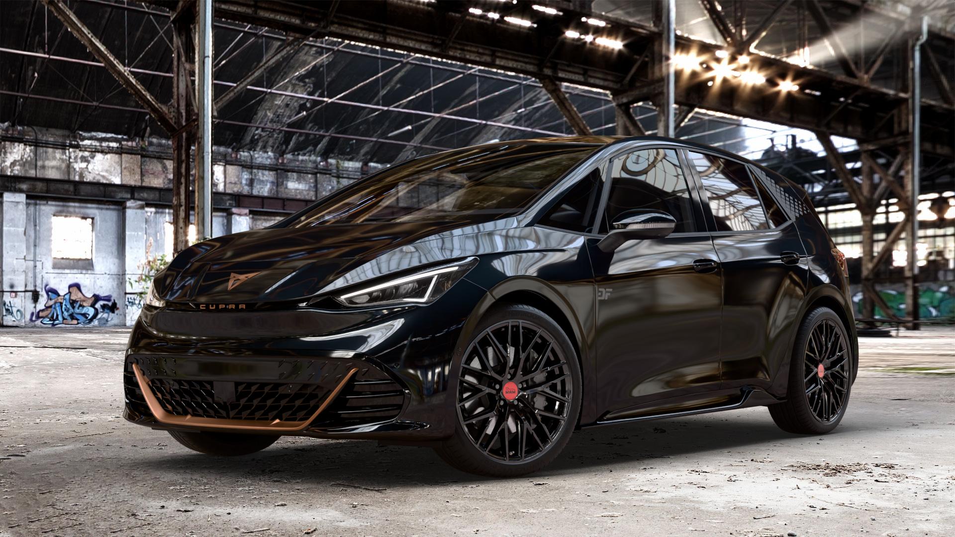 MAM RS4 BLACK PAINTED Felge mit Reifen schwarz in 20Zoll Winterfelge Alufelge auf metallic schwarzem Cupra Born Typ K1 ⬇️ mit 15mm Tieferlegung ⬇️ Old Industrial Hall_max_4400mm_2024 Frontansicht_1