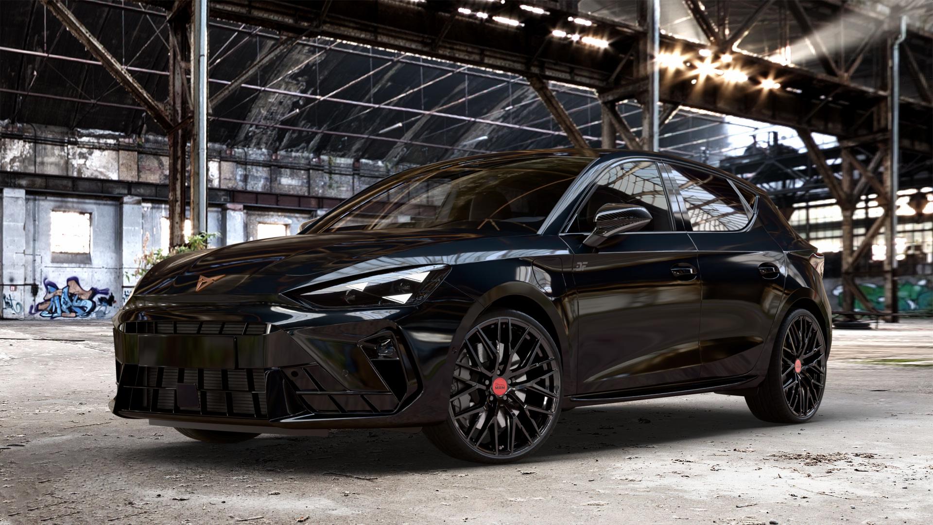 MAM RS4 BLACK PAINTED Felge mit Reifen schwarz in 20Zoll Winterfelge Alufelge auf metallic schwarzem Cupra Leon Typ KL Facelift ⬇️ mit 15mm Tieferlegung ⬇️ Old Industrial Hall_max_4400mm_2024 Frontansicht_1
