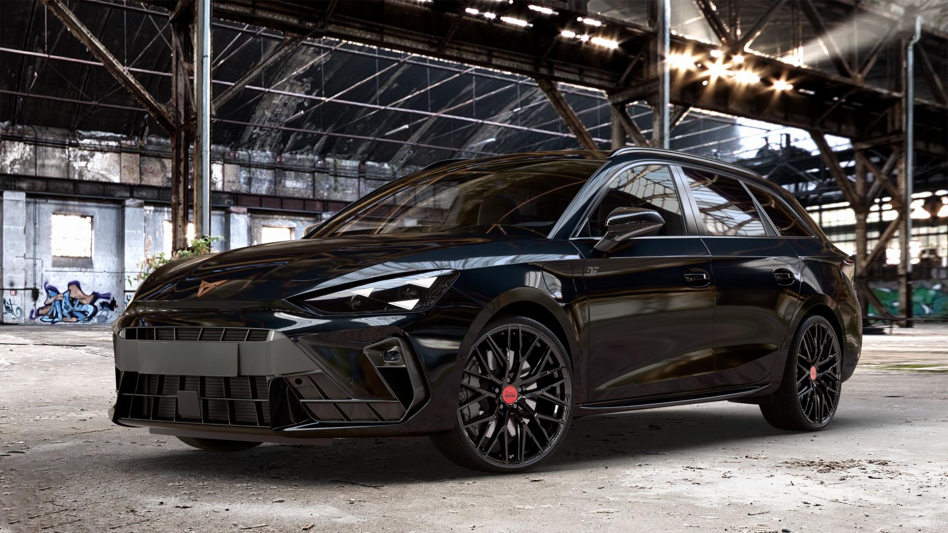MAM RS4 BLACK PAINTED Felge mit Reifen schwarz in 20Zoll Winterfelge Alufelge auf metallic schwarzem Cupra Leon Typ KL ST Facelift ⬇️ mit 15mm Tieferlegung ⬇️ Old Industrial Hall_max_4400mm_2024 Frontansicht_1