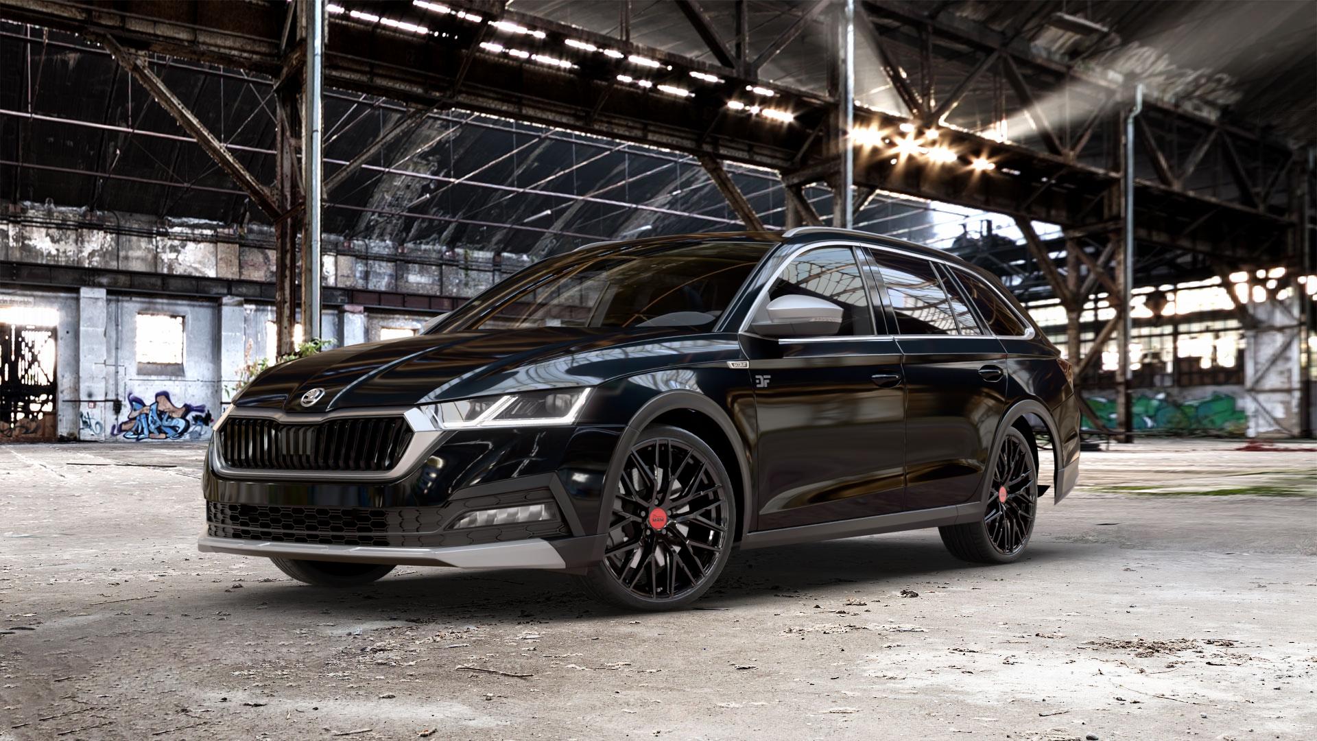 MAM RS4 BLACK PAINTED Felge mit Reifen schwarz in 20Zoll Winterfelge Alufelge auf schwarzem metallic Skoda Octavia IV Scout Typ NX ⬇️ mit 15mm Tieferlegung ⬇️ Old Industrial Hall_max_5300mm_2024 Frontansicht_1