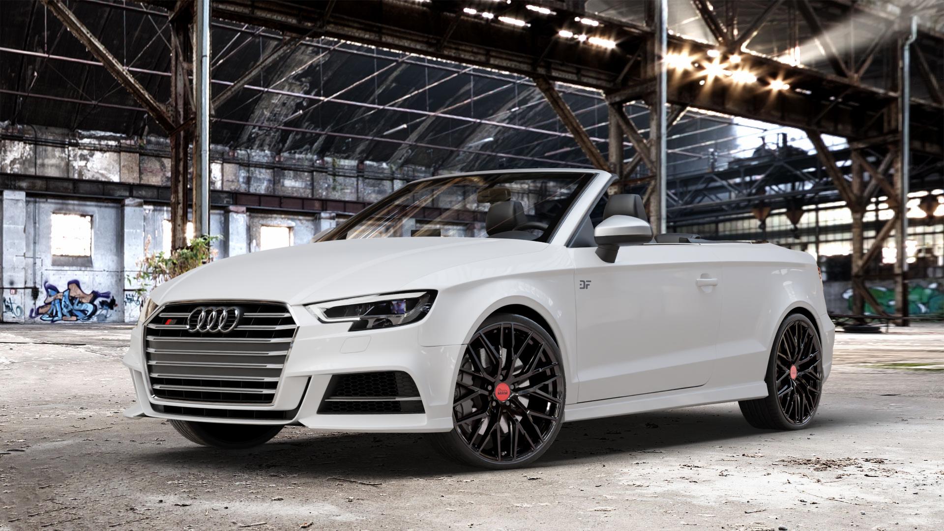 MAM RS4 BLACK PAINTED Felge mit Reifen schwarz in 20Zoll Winterfelge Alufelge auf weissem Audi A3 Typ 8V (Cabriolet) Facelift 2,0l TFSI quattro 213kW S3 (290 PS) 228kW (310 ⬇️ mit 15mm Tieferlegung ⬇️ Old Industrial Hall_max_4400mm_2024 Frontansicht_1