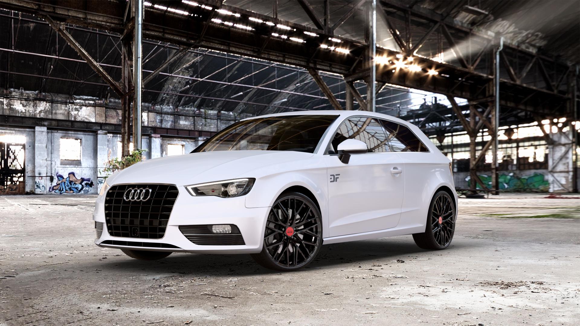 MAM RS4 BLACK PAINTED Felge mit Reifen schwarz in 20Zoll Winterfelge Alufelge auf weissem Audi A3 Typ 8V ⬇️ mit 15mm Tieferlegung ⬇️ Old Industrial Hall_max_5300mm_2024 Frontansicht_1