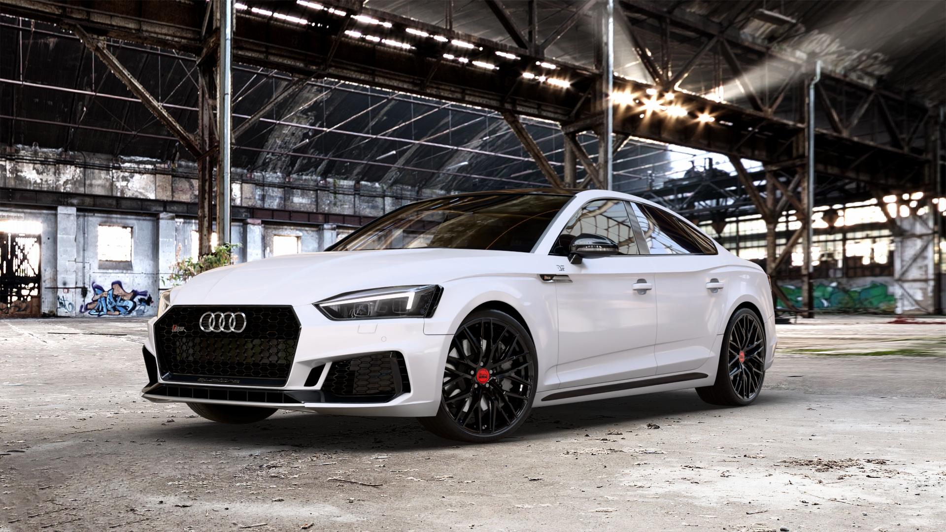 MAM RS4 BLACK PAINTED Felge mit Reifen schwarz in 20Zoll Winterfelge Alufelge auf weissem Audi A5 Typ B9 (Sportback) 3,0l S5 TFSI quattro 260kW (354 PS) 2,9l RS5 331kW (450 TDI 255kW Mild-Hybrid (347 ⬇️ mit 15mm Tieferlegung ⬇️ Old Industrial Hall_max_5300mm_2024 Frontansicht_1