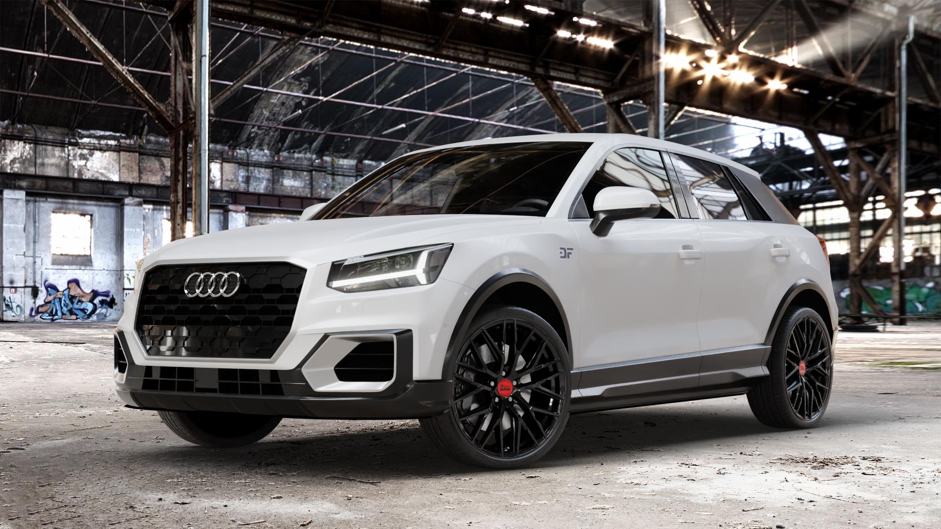 MAM RS4 BLACK PAINTED Felge mit Reifen schwarz in 20Zoll Winterfelge Alufelge auf weissem Audi Q2 Typ GA ⬇️ mit 15mm Tieferlegung ⬇️ Old Industrial Hall_max_4400mm_2024 Frontansicht_1