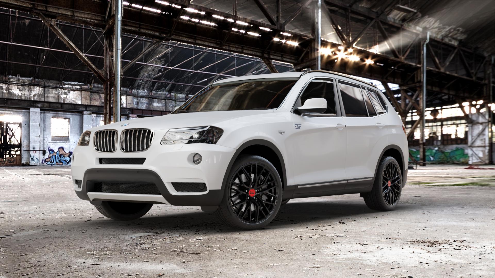 MAM RS4 BLACK PAINTED Felge mit Reifen schwarz in 20Zoll Winterfelge Alufelge auf weissem BMW X3 Typ F25 (X3, X-N1) ⬇️ mit 15mm Tieferlegung ⬇️ Old Industrial Hall_max_5300mm_2024 Frontansicht_1