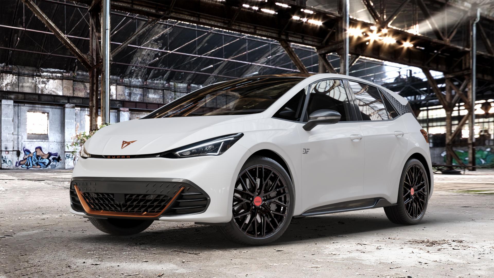 MAM RS4 BLACK PAINTED Felge mit Reifen schwarz in 20Zoll Winterfelge Alufelge auf weissem Cupra Born Typ K1 ⬇️ mit 15mm Tieferlegung ⬇️ Old Industrial Hall_max_4400mm_2024 Frontansicht_1