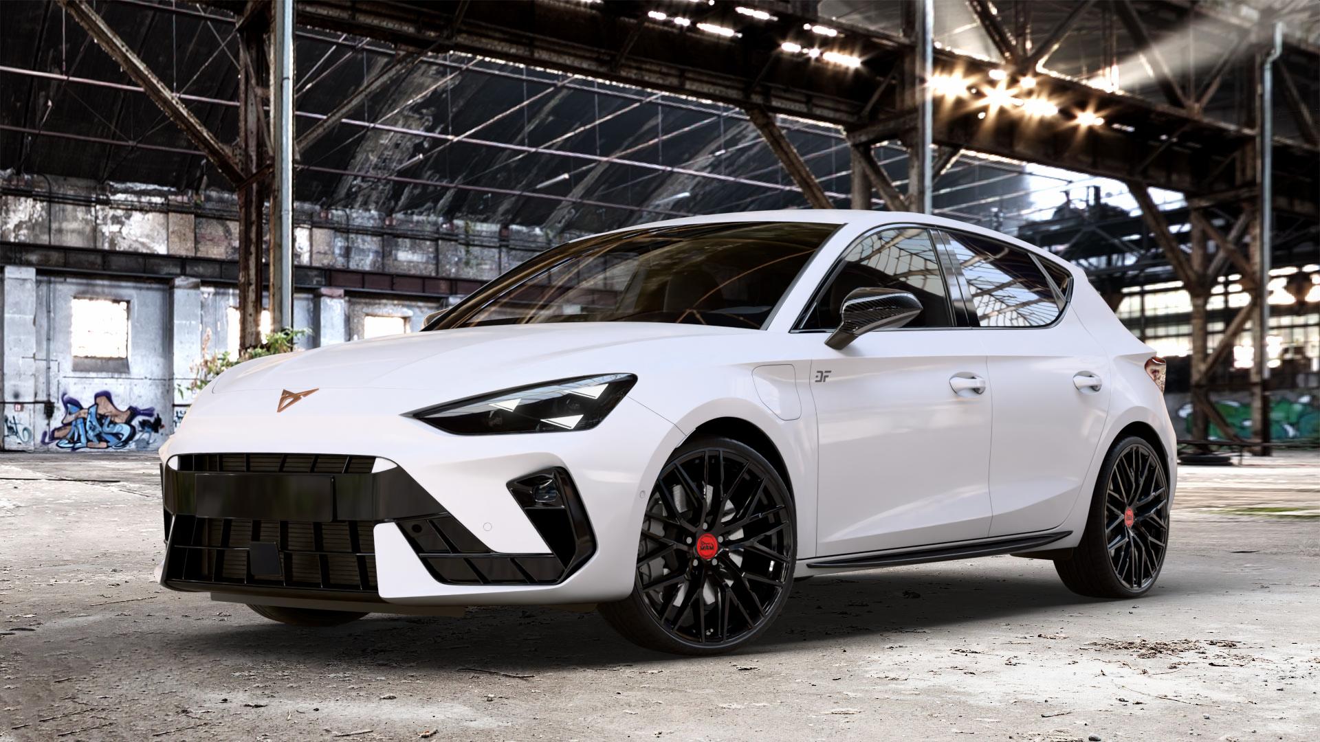 MAM RS4 BLACK PAINTED Felge mit Reifen schwarz in 20Zoll Winterfelge Alufelge auf weissem Cupra Leon Typ KL Facelift ⬇️ mit 15mm Tieferlegung ⬇️ Old Industrial Hall_max_4400mm_2024 Frontansicht_1
