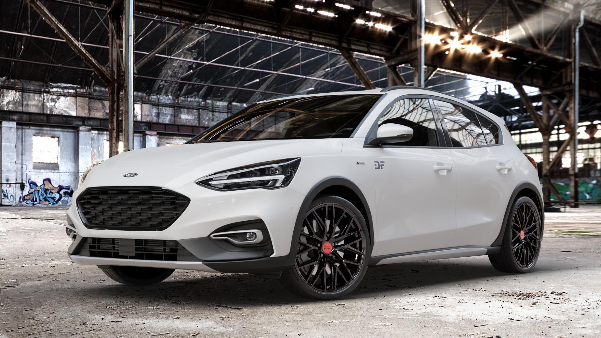 MAM RS4 BLACK PAINTED Felge mit Reifen schwarz in 20Zoll Winterfelge Alufelge auf weissem Ford Focus IV Active Typ DEH (Schrägheck) ⬇️ mit 15mm Tieferlegung ⬇️ Old Industrial Hall_max_4400mm_2024 Frontansicht_1