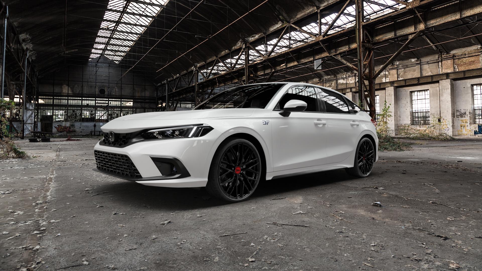 MAM RS4 BLACK PAINTED Felge mit Reifen schwarz in 20Zoll Winterfelge Alufelge auf weissem Honda Civic 11 Schrägheck (FE) 2,0l e:HEV 105kW Mild-Hybrid (143 PS) ⬇️ mit 15mm Tieferlegung ⬇️ Old Industrial Hall_max5000mm_2022 Frontansicht_1