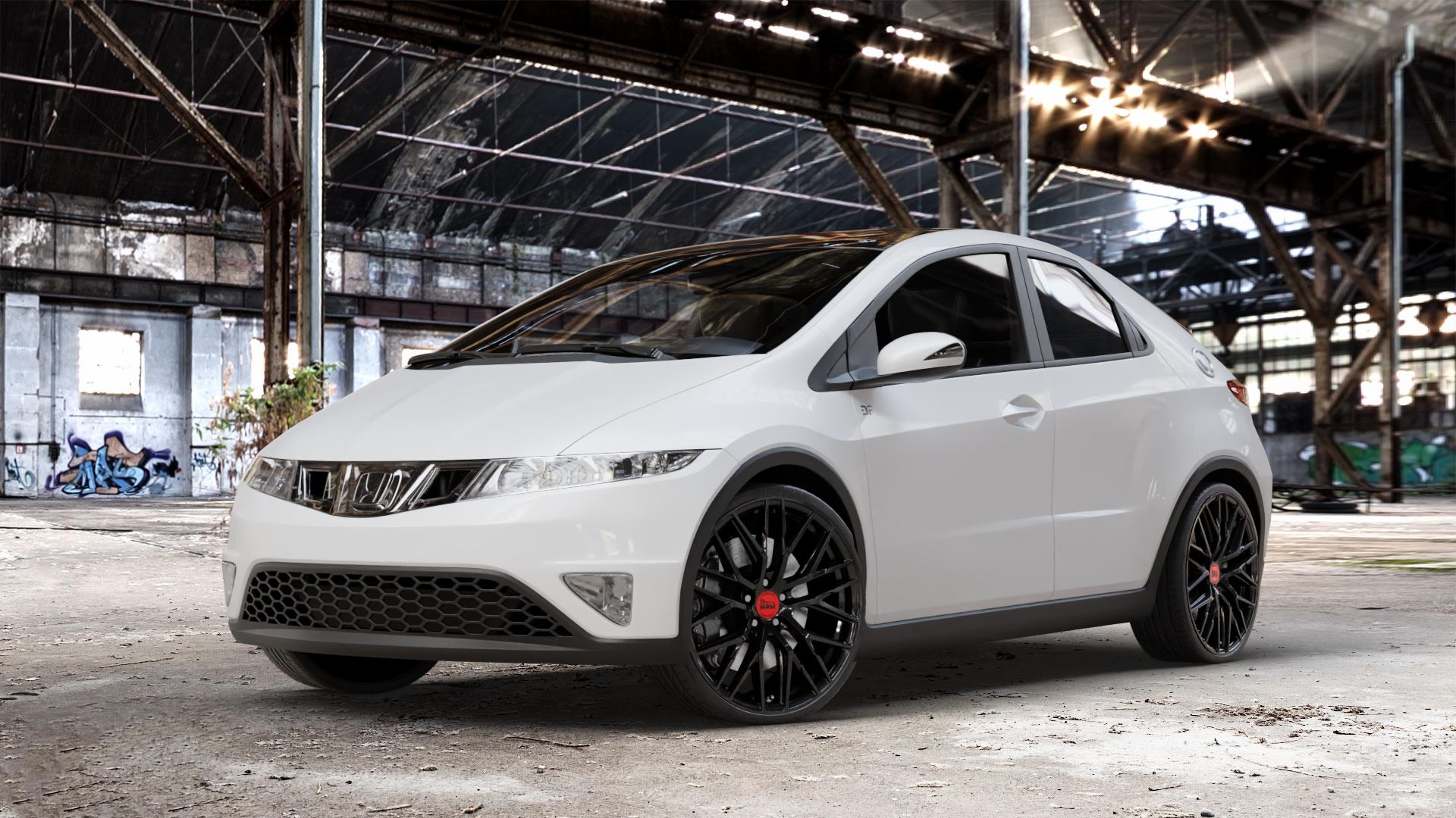MAM RS4 BLACK PAINTED Felge mit Reifen schwarz in 20Zoll Winterfelge Alufelge auf weissem Honda Civic 8 Fünftürer (FK) 1,4l V-Tec (FK1) 73kW (99 PS) ⬇️ mit 15mm Tieferlegung ⬇️ Old Industrial Hall_max_4400mm_2024 Frontansicht_1