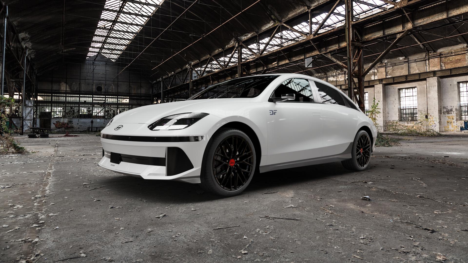 MAM RS4 BLACK PAINTED Felge mit Reifen schwarz in 20Zoll Winterfelge Alufelge auf weissem Hyundai Ioniq 6 Typ CE ⬇️ mit 15mm Tieferlegung ⬇️ Old Industrial Hall_max5000mm_2022 Frontansicht_1
