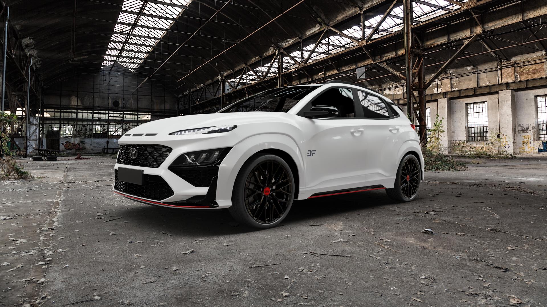 MAM RS4 BLACK PAINTED Felge mit Reifen schwarz in 20Zoll Winterfelge Alufelge auf weissem Hyundai Kona Typ OS Facelift 2,0l T-GDI 206kW N (280 PS) ⬇️ mit 15mm Tieferlegung ⬇️ Old Industrial Hall_max5000mm_2022 Frontansicht_1