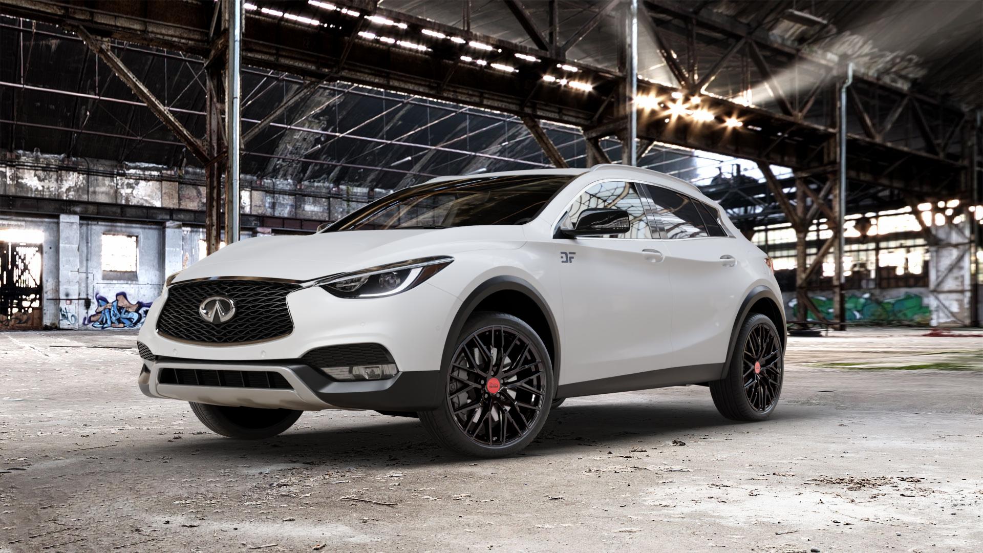 MAM RS4 BLACK PAINTED Felge mit Reifen schwarz in 20Zoll Winterfelge Alufelge auf weissem Infiniti QX30 ⬇️ mit 15mm Tieferlegung ⬇️ Old Industrial Hall_max_5300mm_2024 Frontansicht_1