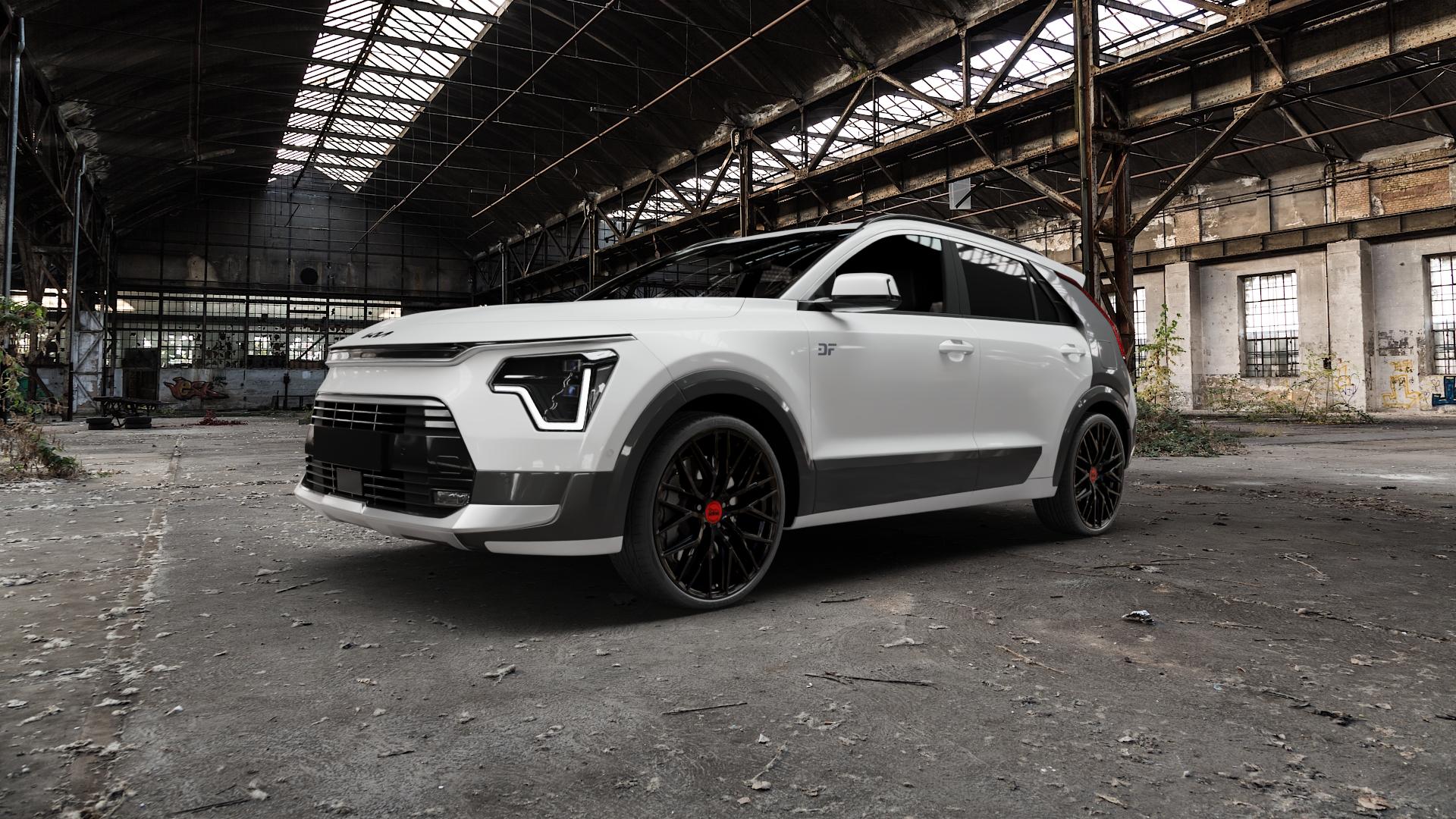 MAM RS4 BLACK PAINTED Felge mit Reifen schwarz in 20Zoll Winterfelge Alufelge auf weissem Kia Niro Typ SG2 e-Niro ⬇️ mit 15mm Tieferlegung ⬇️ Old Industrial Hall_max5000mm_2022 Frontansicht_1
