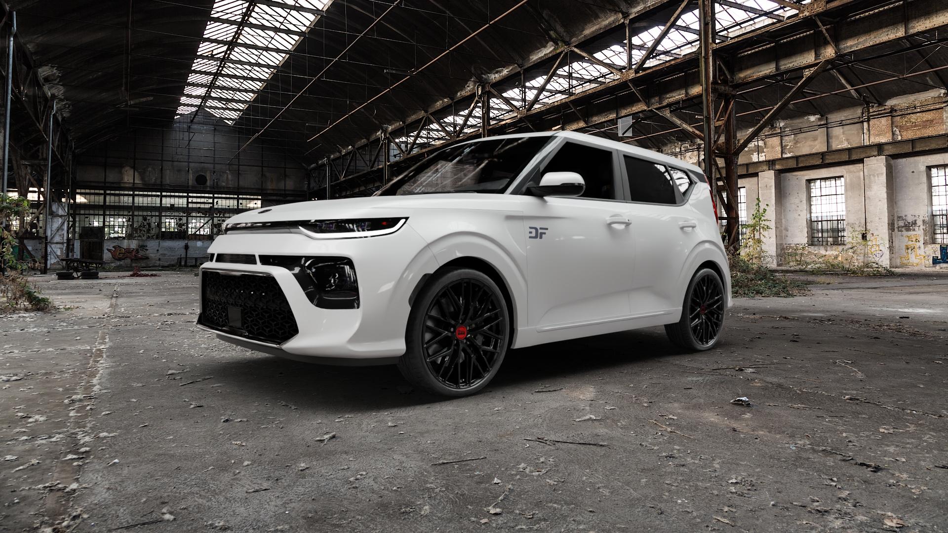 MAM RS4 BLACK PAINTED Felge mit Reifen schwarz in 20Zoll Winterfelge Alufelge auf weissem Kia Soul III Typ SK3 ⬇️ mit 15mm Tieferlegung ⬇️ Old Industrial Hall_max5000mm_2022 Frontansicht_1