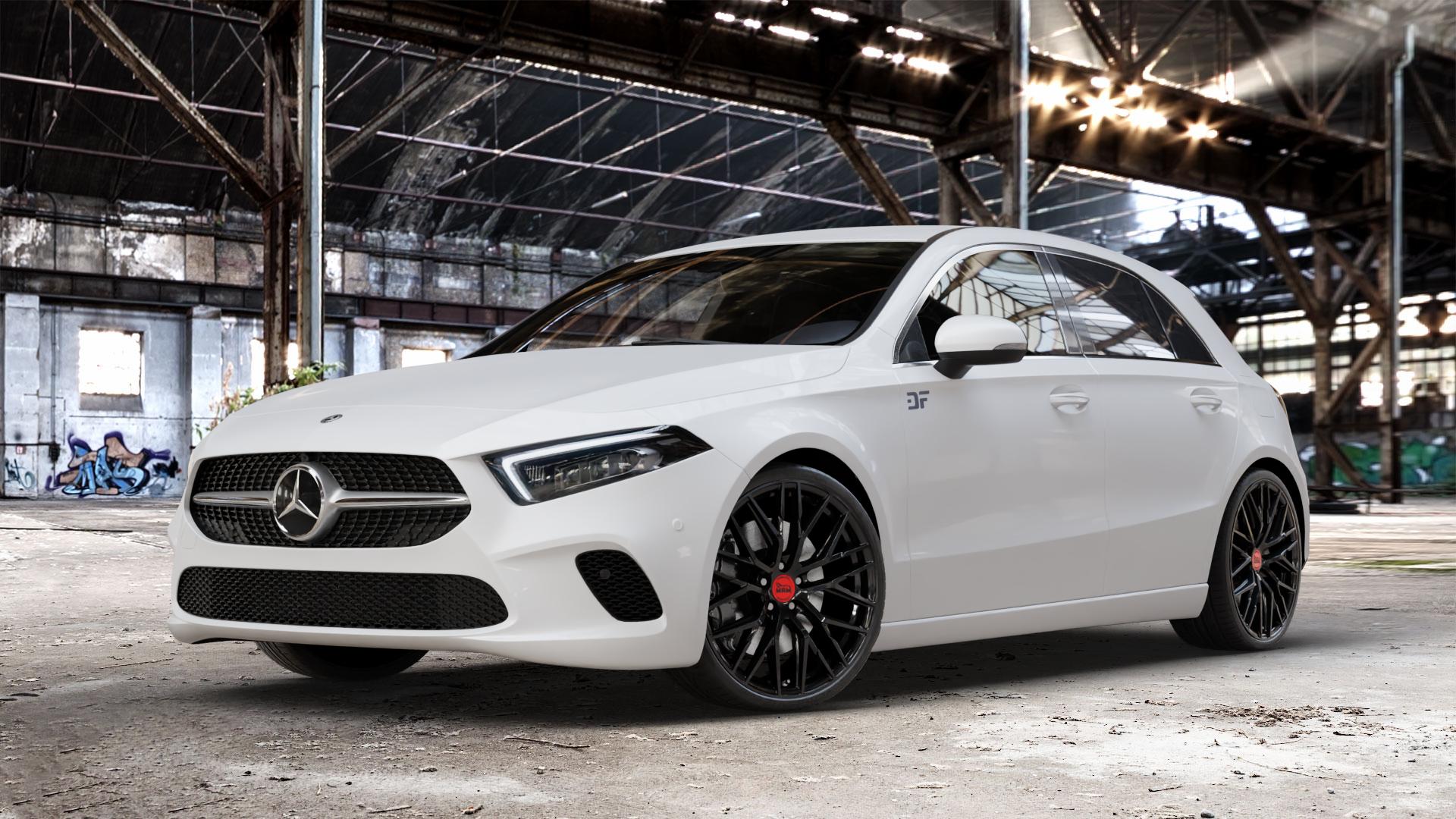 MAM RS4 BLACK PAINTED Felge mit Reifen schwarz in 20Zoll Winterfelge Alufelge auf weissem Mercedes A-Klasse IV Typ 177 (F2A) Schrägheck 2,0l A 250 165kW (224 PS) 1,3l 200 120kW (163 1,5l 180d 85kW (116 160 80kW (109 180 100kW (136 220 140kW (190 4Mat ⬇️ mit 15mm Tieferlegung ⬇️ Old Industrial Hall_max_4400mm_2024 Frontansicht_1