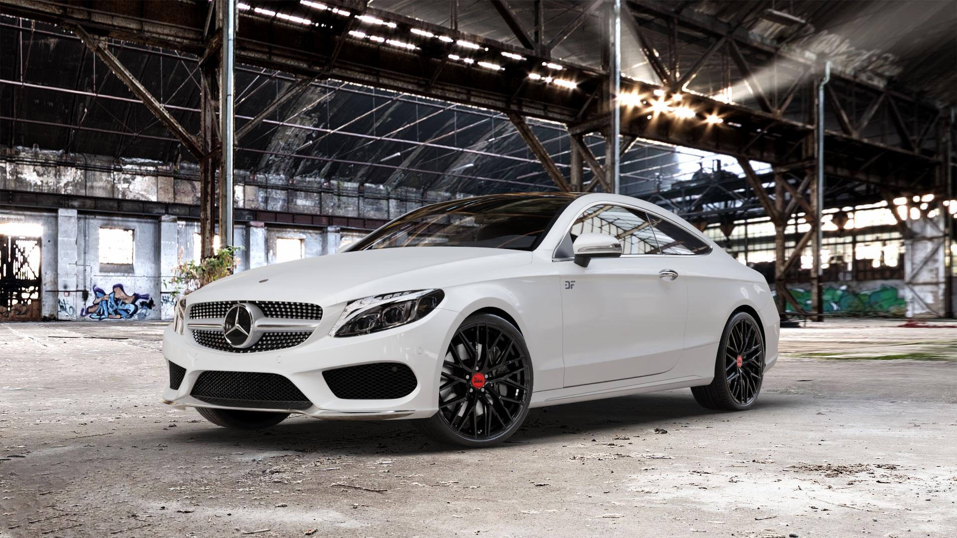 MAM RS4 BLACK PAINTED Felge mit Reifen schwarz in 20Zoll Winterfelge Alufelge auf weissem Mercedes C-Klasse Typ C205 Coupe Facelift ⬇️ mit 15mm Tieferlegung ⬇️ Old Industrial Hall_max_5300mm_2024 Frontansicht_1