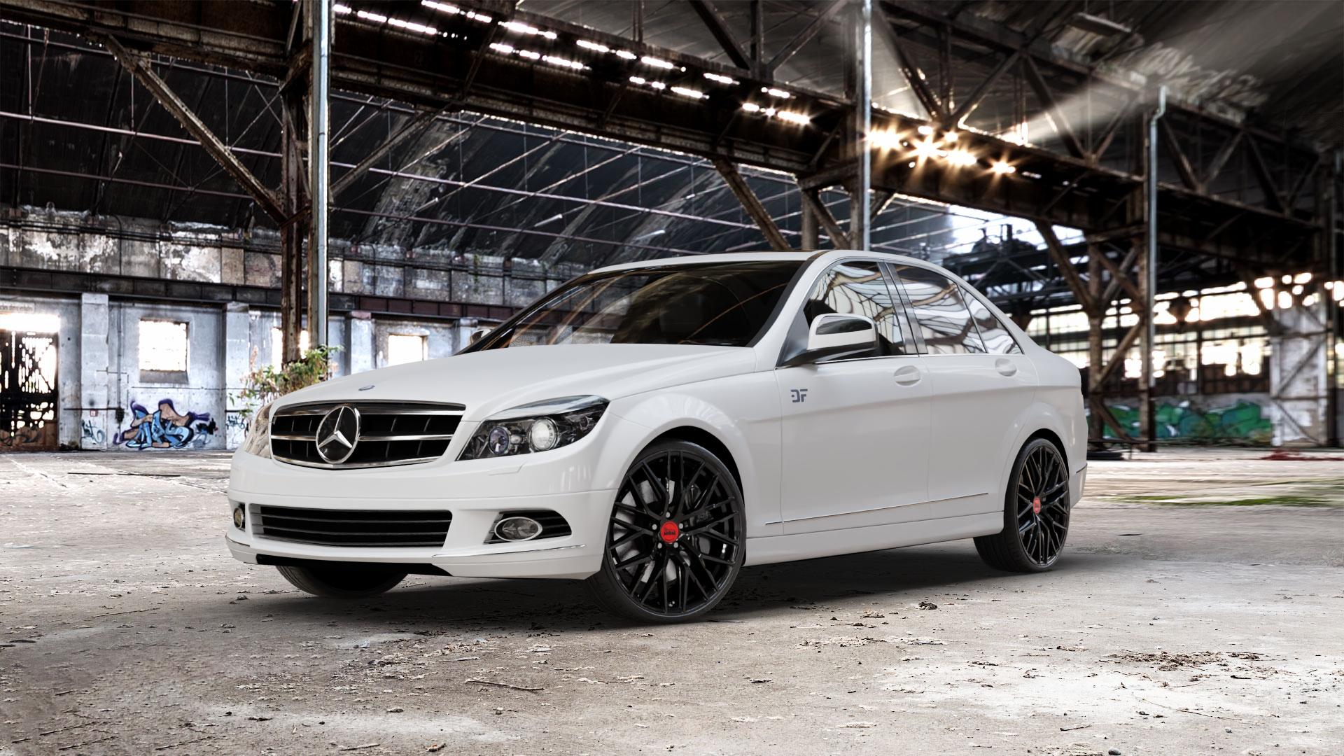 MAM RS4 BLACK PAINTED Felge mit Reifen schwarz in 20Zoll Winterfelge Alufelge auf weissem Mercedes C-Klasse Typ W204 Limousine ⬇️ mit 15mm Tieferlegung ⬇️ Old Industrial Hall_max_5300mm_2024 Frontansicht_1
