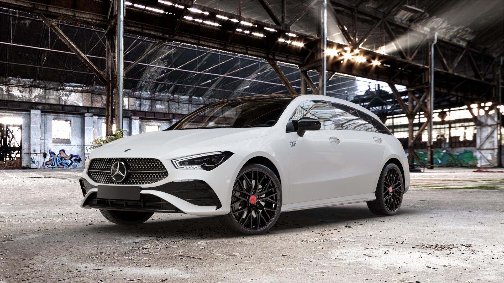 MAM RS4 BLACK PAINTED Felge mit Reifen schwarz in 20Zoll Winterfelge Alufelge auf weissem Mercedes CLA-Klasse II Shooting Brake Typ C118 (F2CLA) Facelift ⬇️ mit 15mm Tieferlegung ⬇️ Old Industrial Hall_max_5300mm_2024 Frontansicht_1